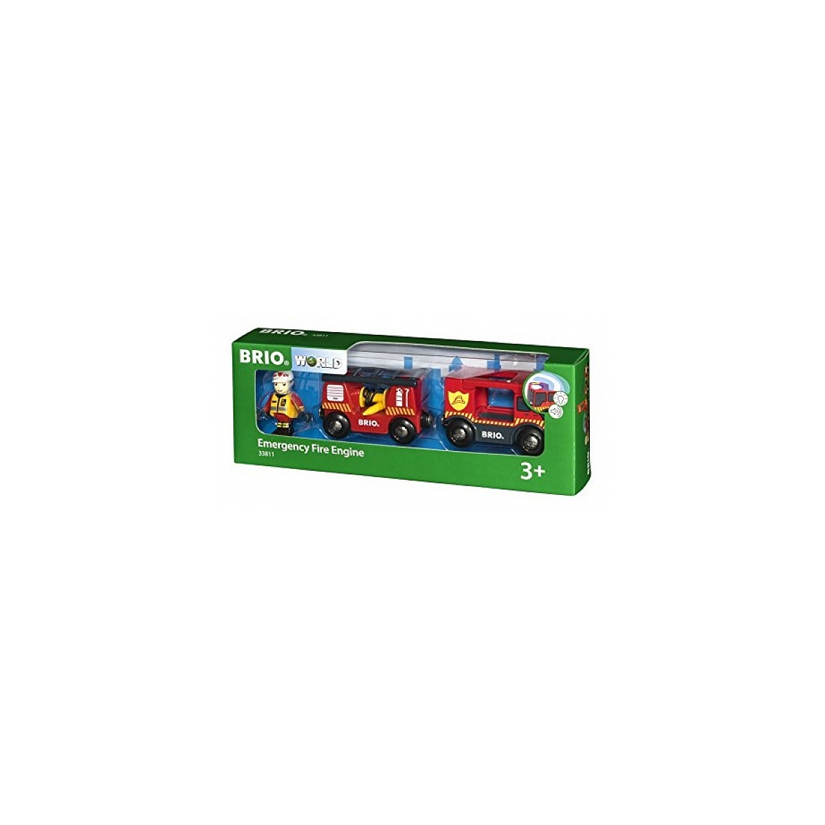 Pudełko Brio World Emergency Fire Engine. Pudełko zawiera dwa wozy strażackie i figurkę.