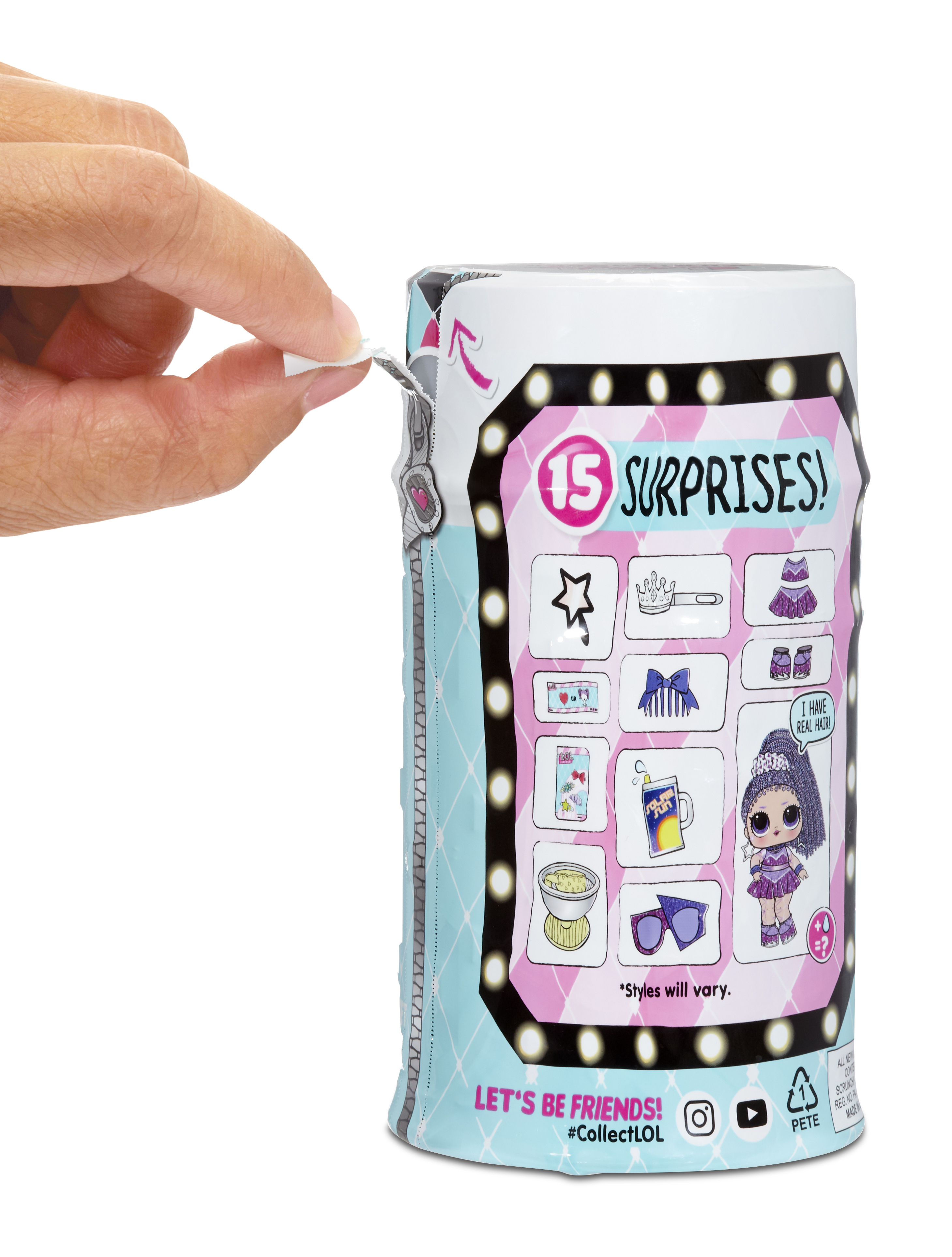 Ręka otwiera cylinder LOL Surprise. Cylinder zawiera 15 niespodzianek, w tym lalkę i akcesoria.