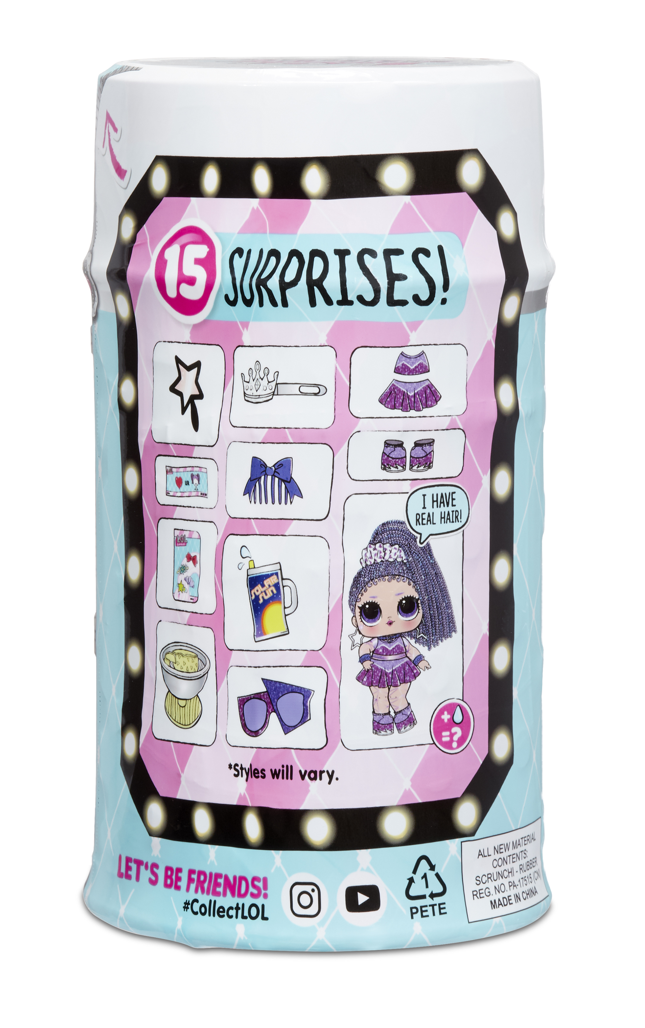 Zamknięte opakowanie cylindryczne. Grafika: 15 niespodzianek! Ilustracje akcesoriów dla lalek.