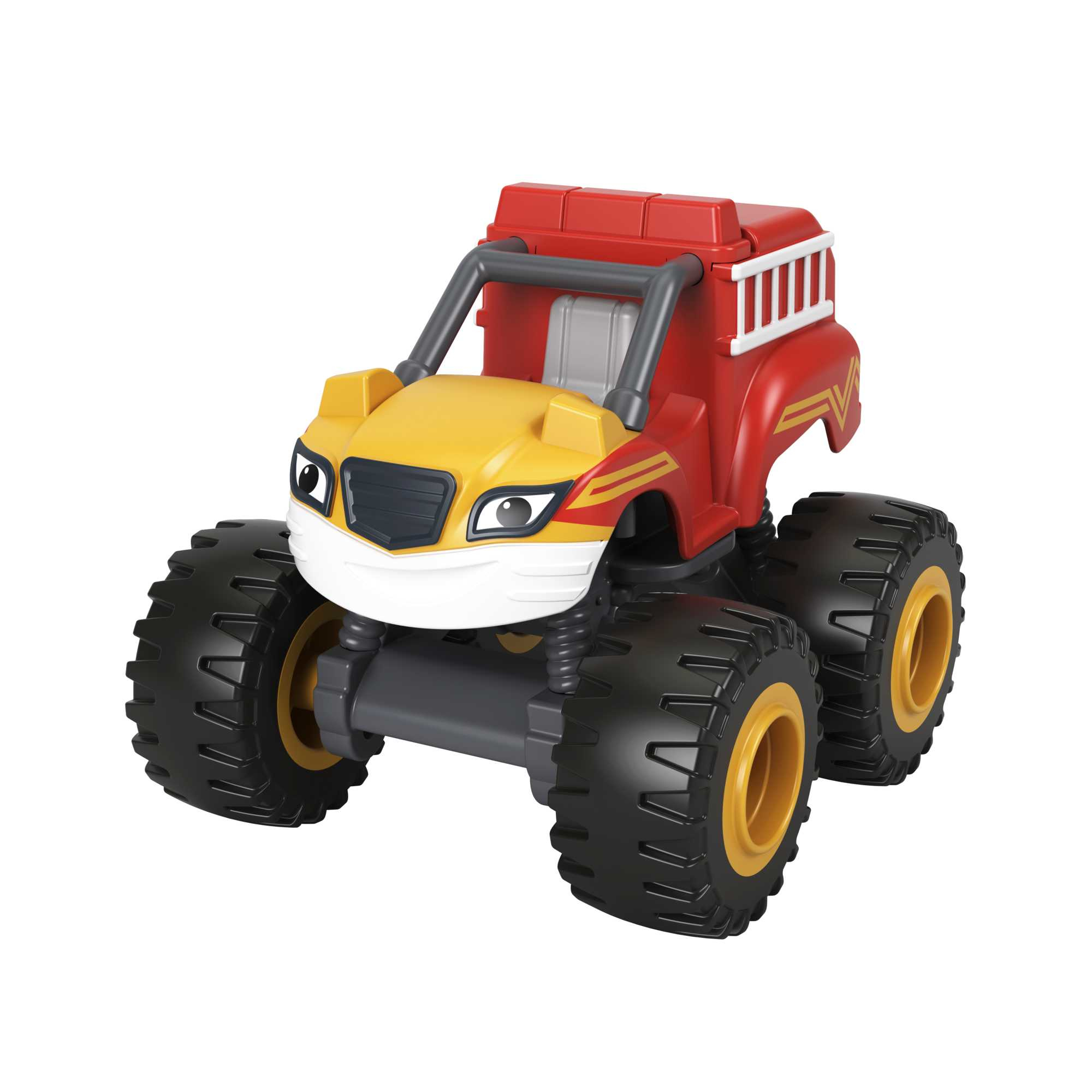 Czerwono-żółta zabawka monster truck z dużymi czarnymi oponami i wzorem w stylu wozu strażackiego.