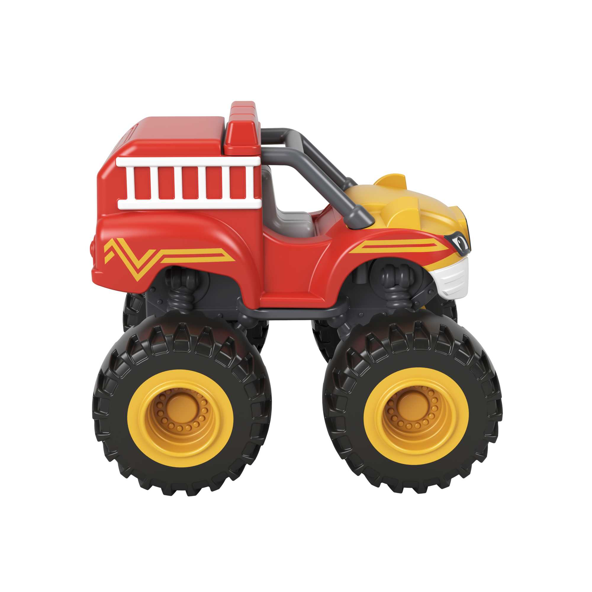 Czerwono-żółta zabawka monster truck z dużymi czarnymi oponami. Ma design wozu strażackiego.