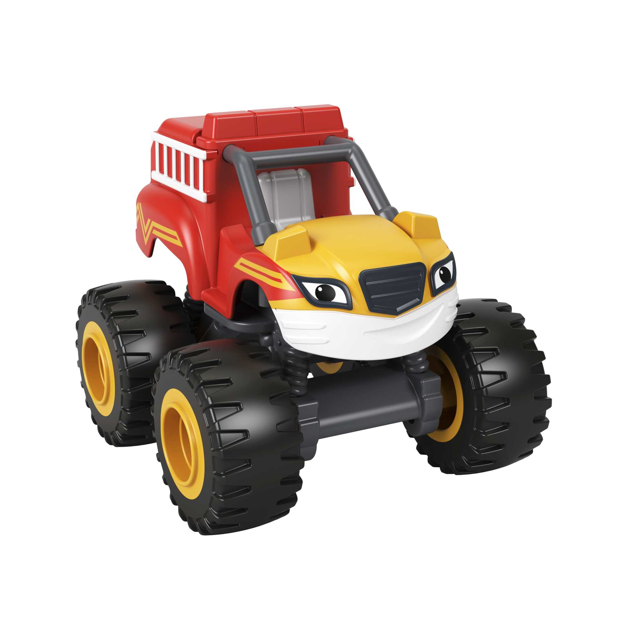 Żółto-czerwona zabawka monster truck. Ma design w stylu wozu strażackiego i duże czarne opony.