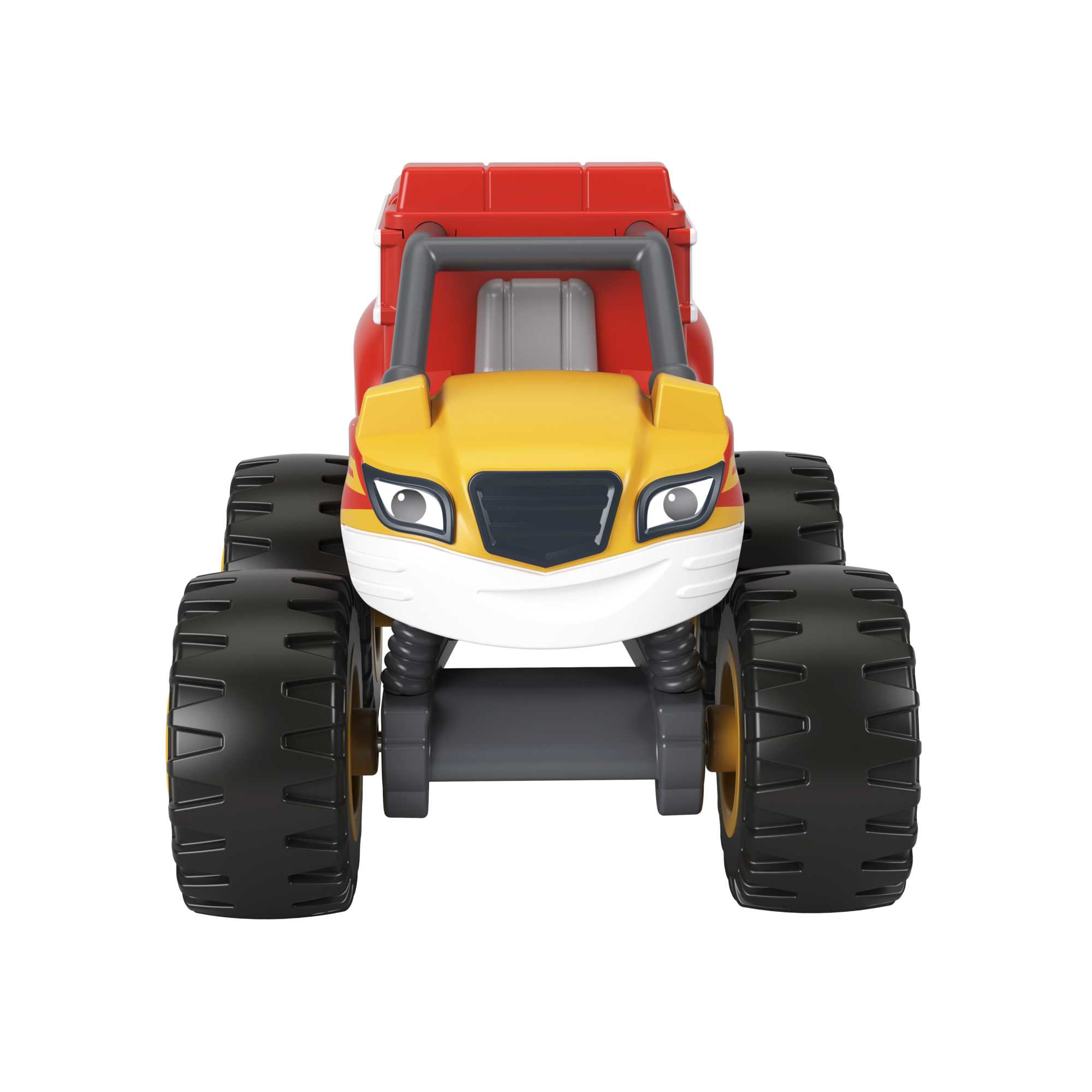 Widok z przodu żółto-czerwonego zabawkowego monster trucka. Ciężarówka ma duże czarne opony.