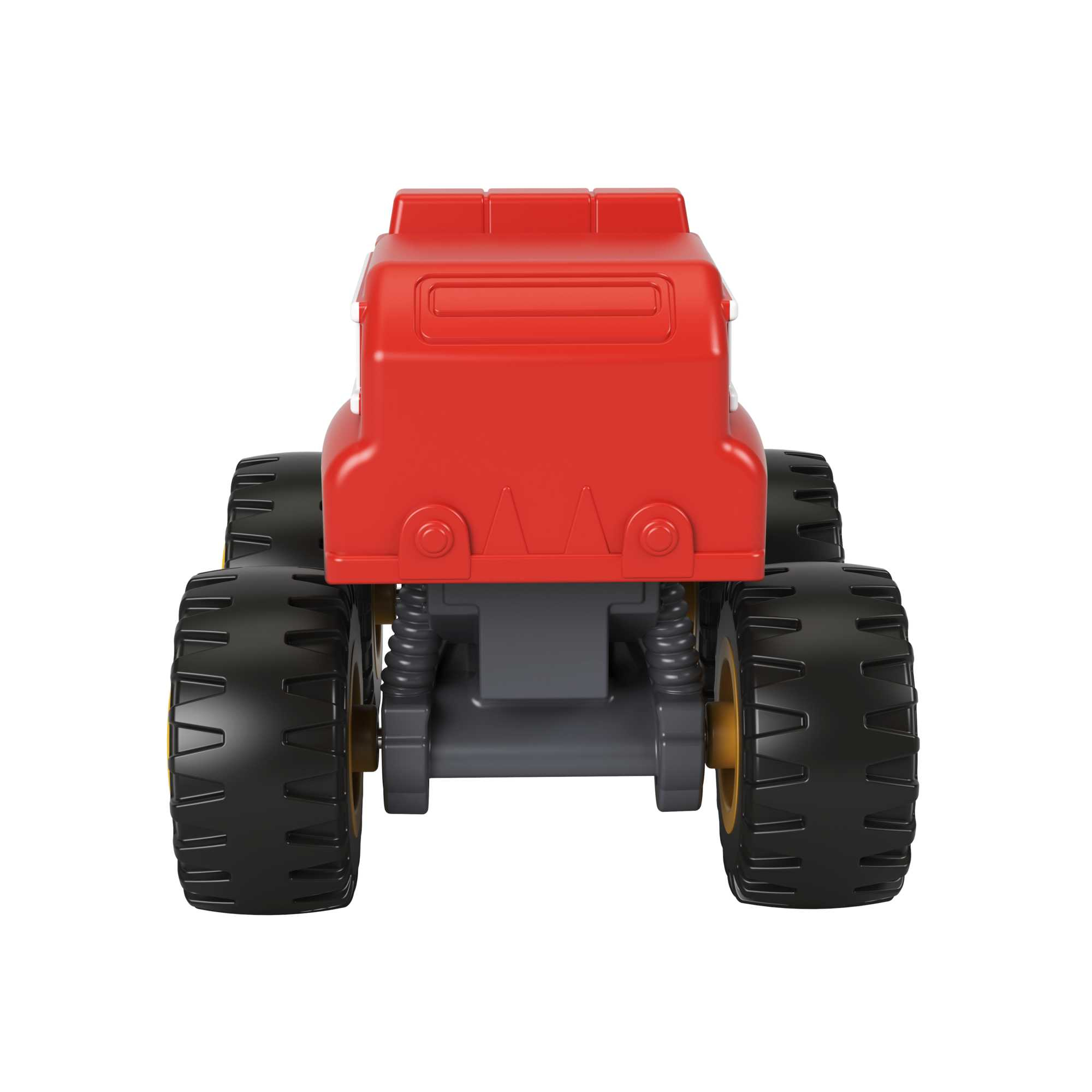 Widok z tyłu czerwono-żółtej zabawki monster truck z dużymi czarnymi oponami.