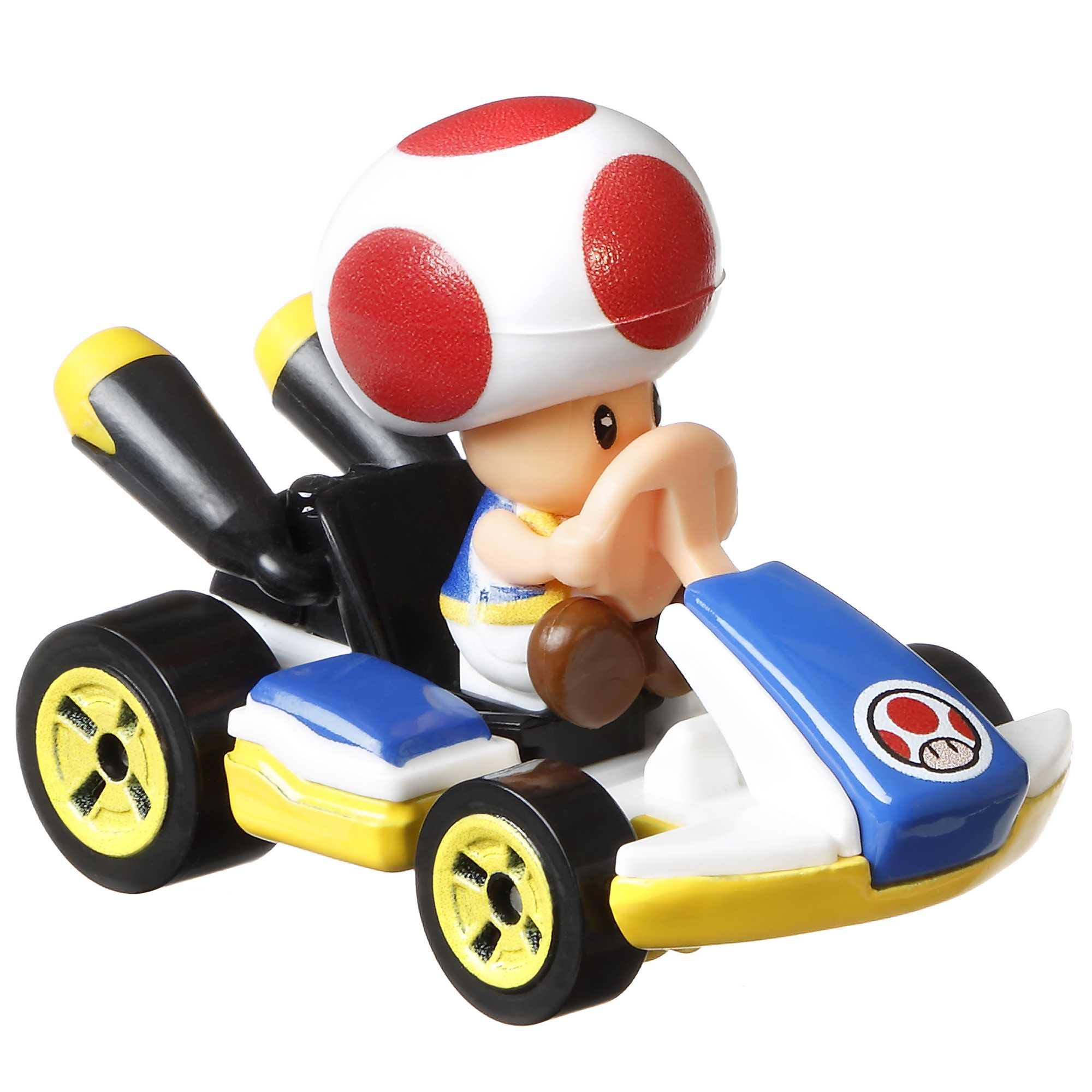 Toad in un kart blu e giallo con dettagli neri, che guida in avanti.