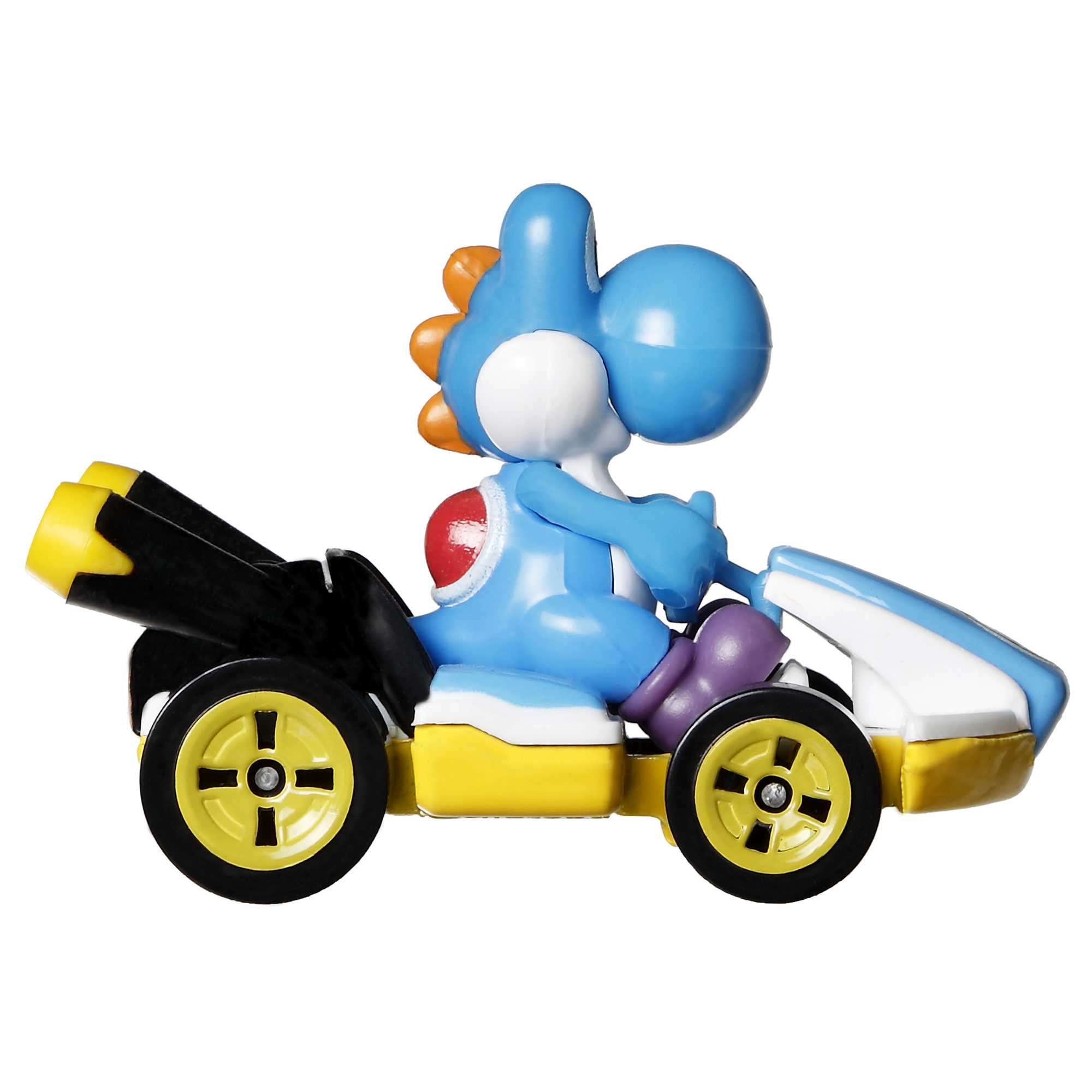 Yoshi blu in un kart blu e giallo con dettagli neri, che guida in avanti.