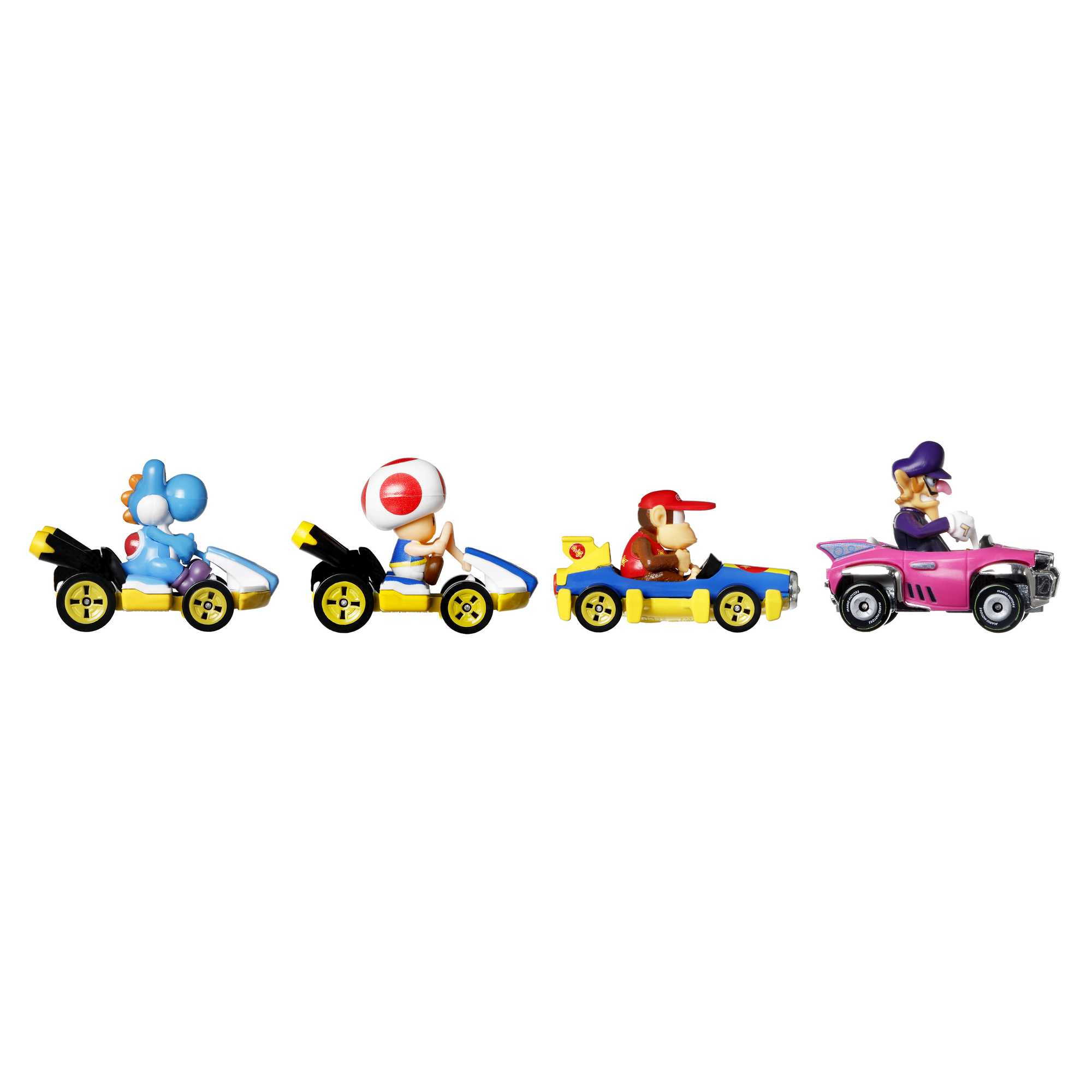 Quattro macchinine giocattolo di Mario Kart: Yoshi, Toad, una scimmia e Waluigi.