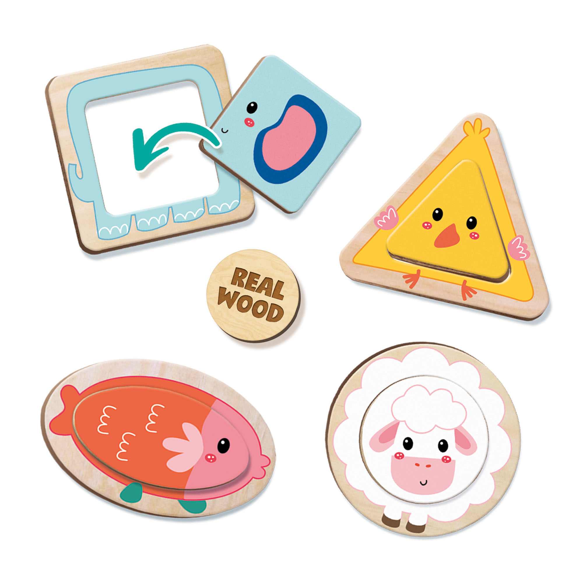 Holzpuzzles in Tierformen: Elefant, Küken, Fisch und Schaf.