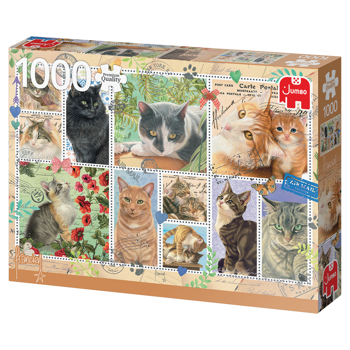 Puzzledose mit Collage von Katzenporträts, die Briefmarken ähneln. Enthält 1000 Teile.
