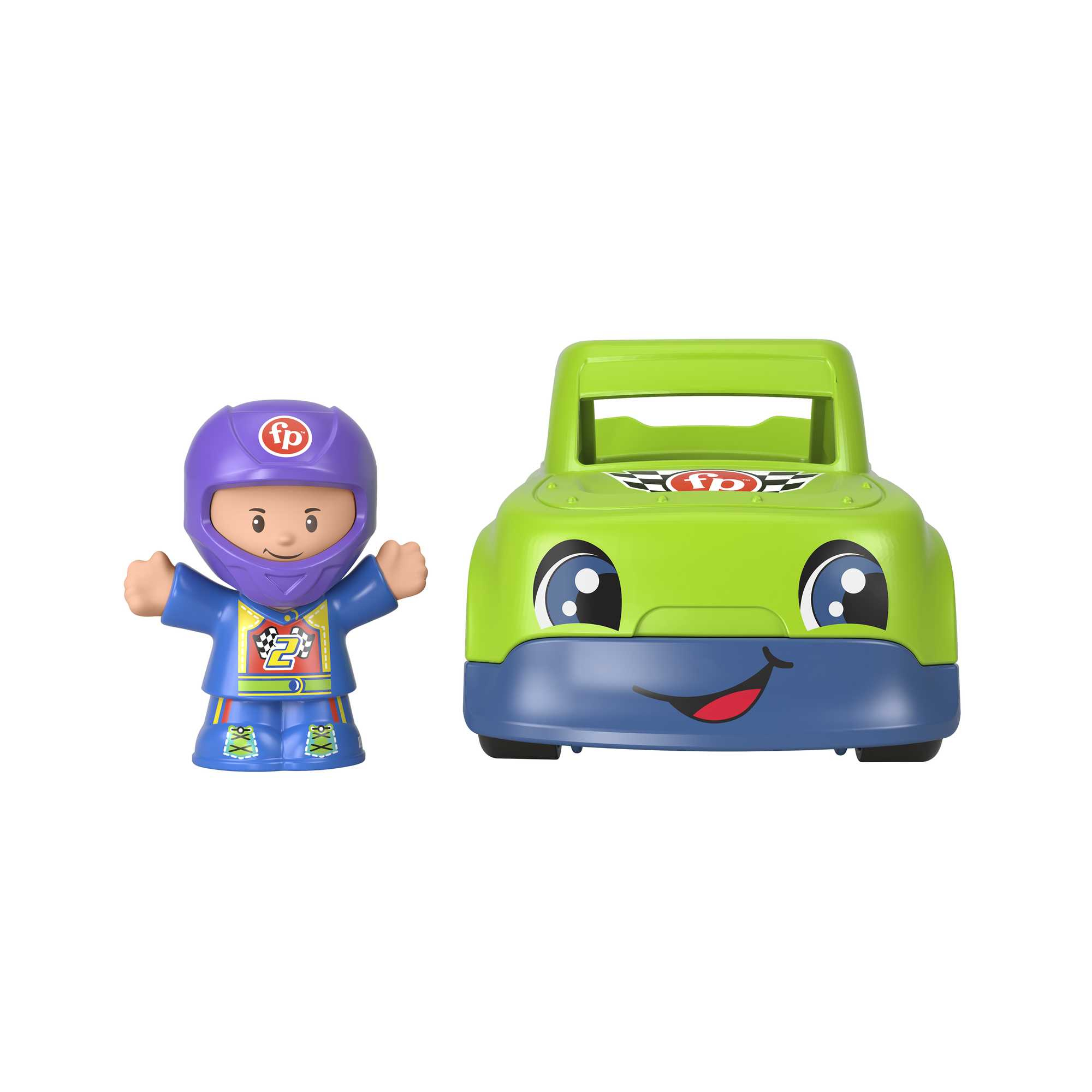 Ein grünes Autosspielzeug mit einem lächelnden Gesicht und einer Figur eines Rennfahrers.