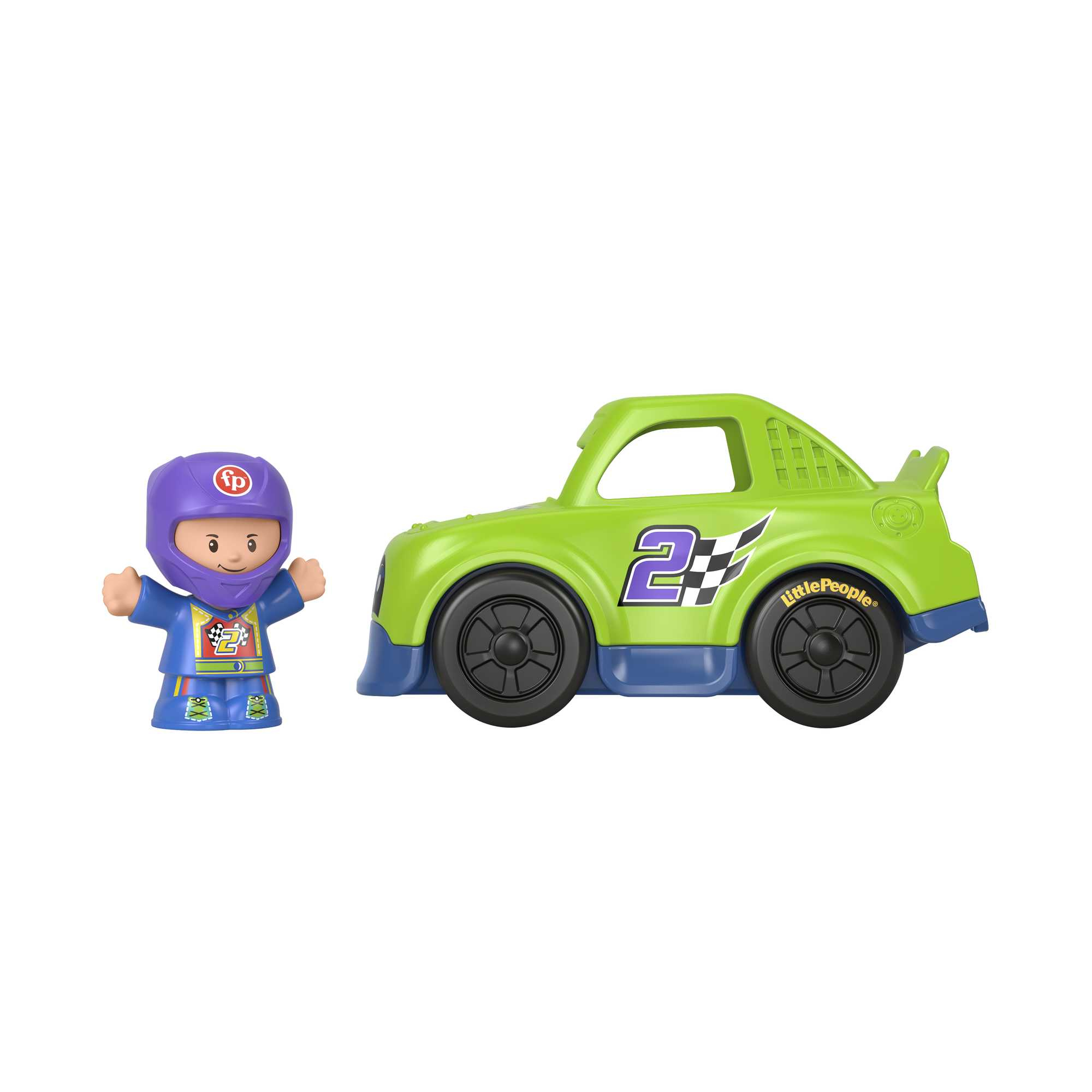 Ein grünes Spielzeug-Rennauto mit der Nummer 2 an der Seite und ein Rennfahrer-Spielzeug neben dem Auto.
