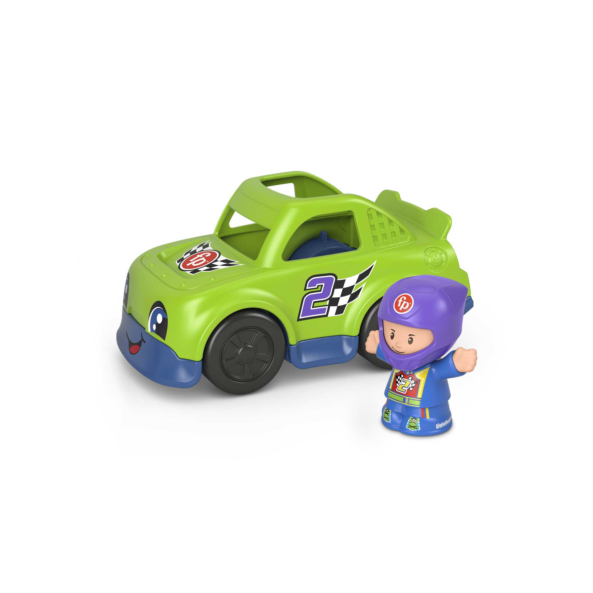 Grünes Spielzeug-Rennauto mit der Nummer 2 und einer Fahrerfigur in blau-lila Outfit.