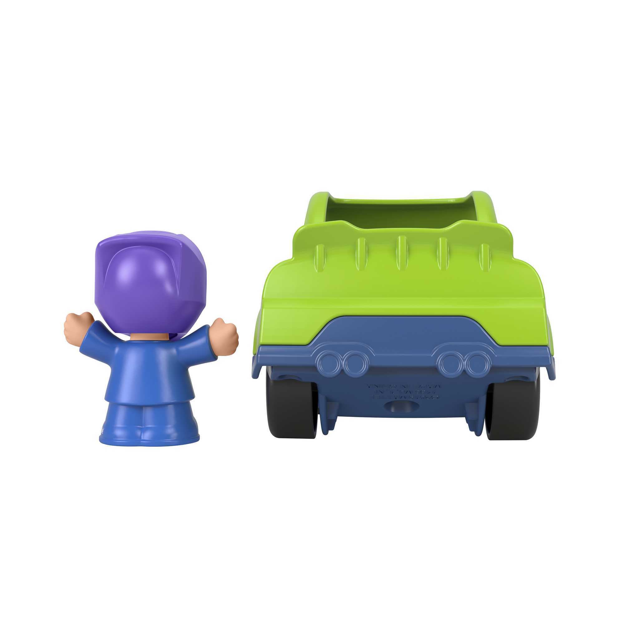 Ein grüner und blauer Spielzeug-Lkw mit einer Figur mit lila Hut davor. Der Lkw blickt den Betrachter an.