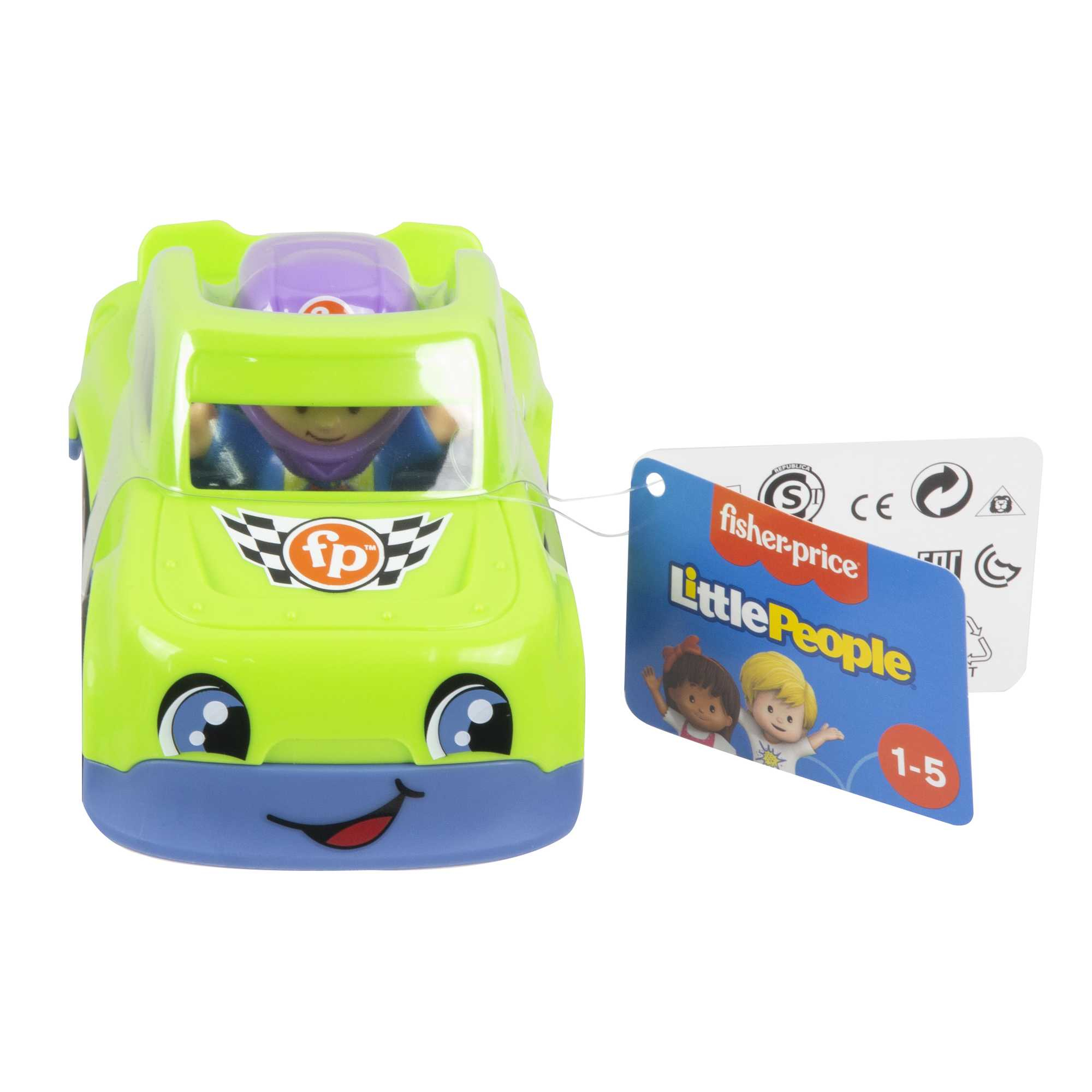 Grünes und blaues Spielzeugauto mit einem lächelnden Gesicht und einer Rennfahrerfigur im Inneren. Ein Anhänger ist angebracht.