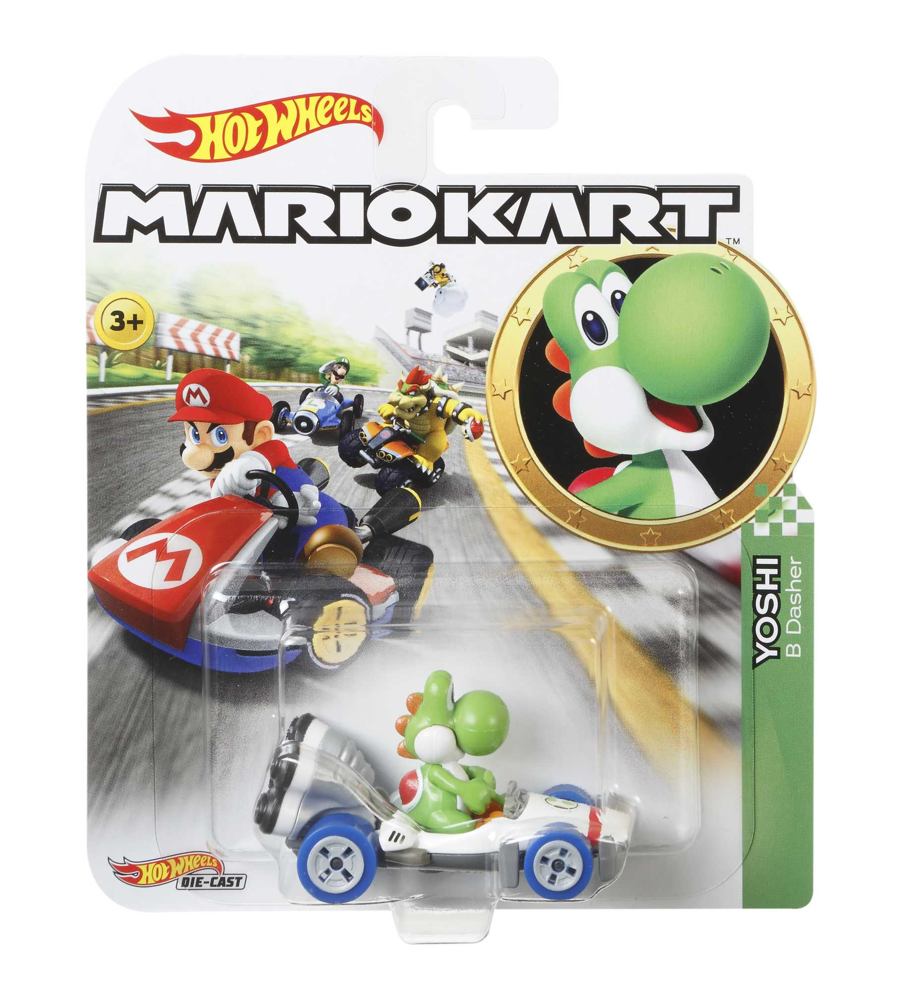 Mario Kart Spielzeug mit Yoshi, der einen weißen Kart fährt. Verpackung zeigt Charaktere.