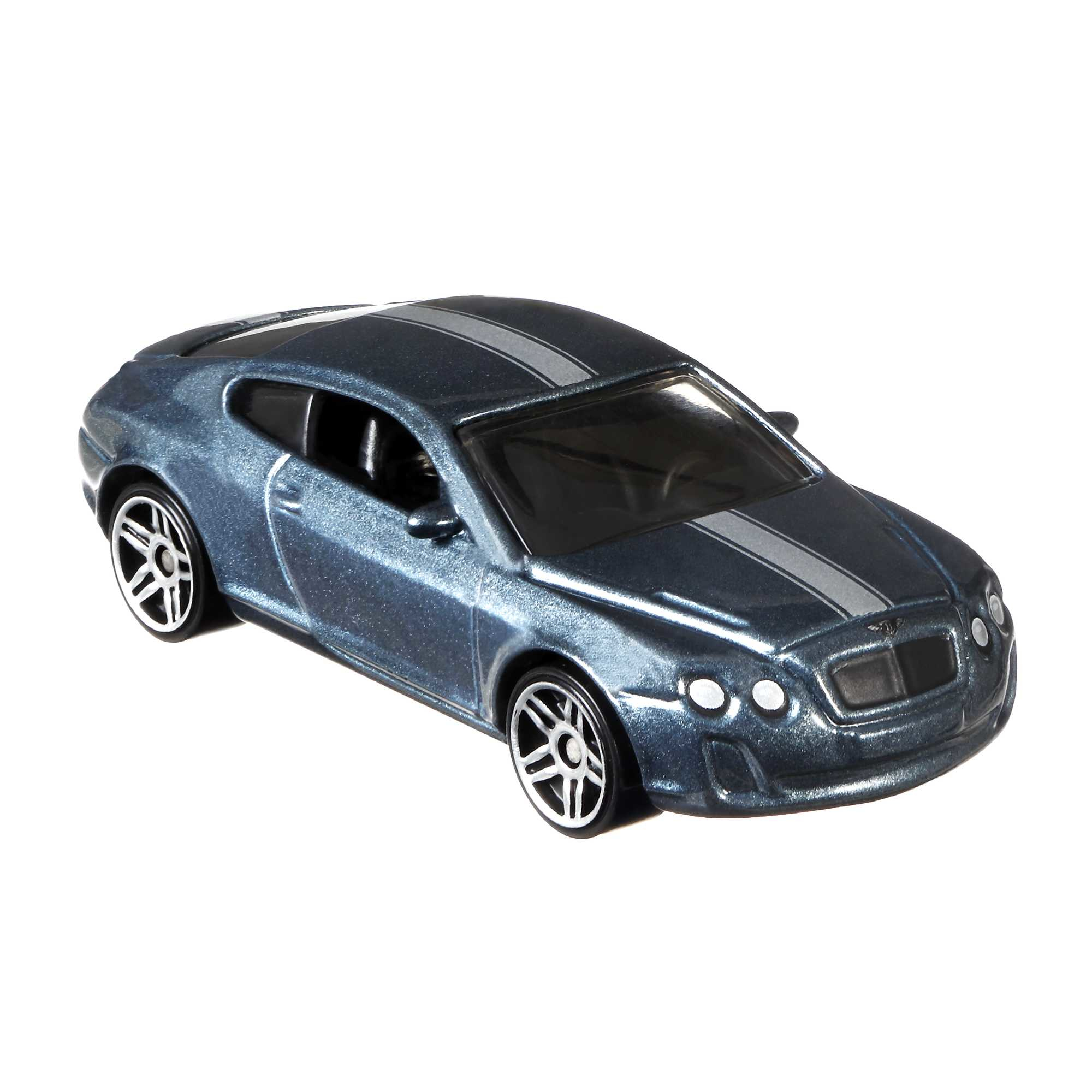 Ciemnoniebieskie coupe Bentley ze srebrnymi paskami na białym tle.