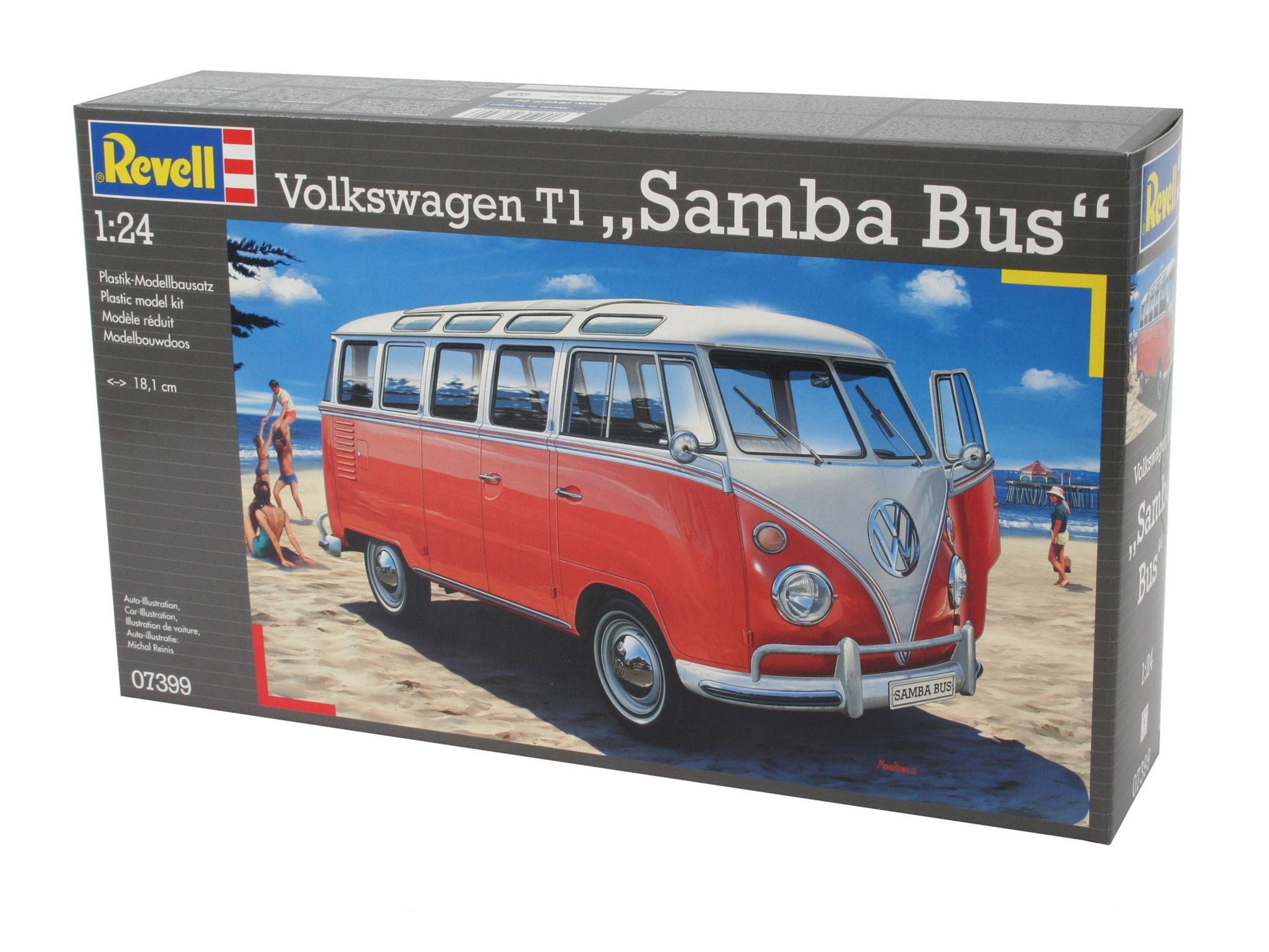 Una scatola del kit di modellismo Revell Volkswagen T1 Samba Bus con l'immagine del bus, sfondo bianco.