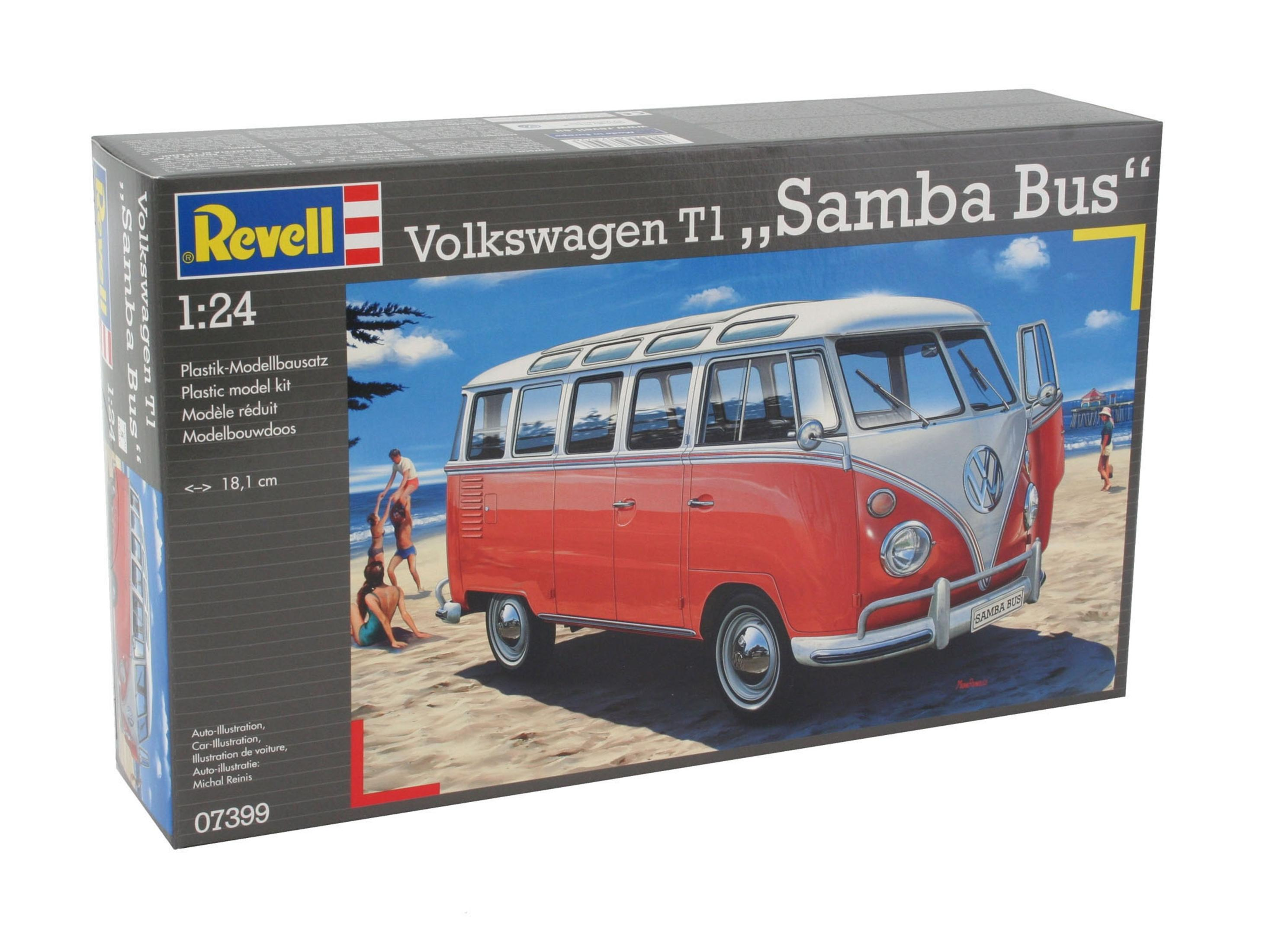 Scatola del kit di modelli di autobus Volkswagen T1 Samba. La scatola mostra un autobus rosso e bianco su una spiaggia.