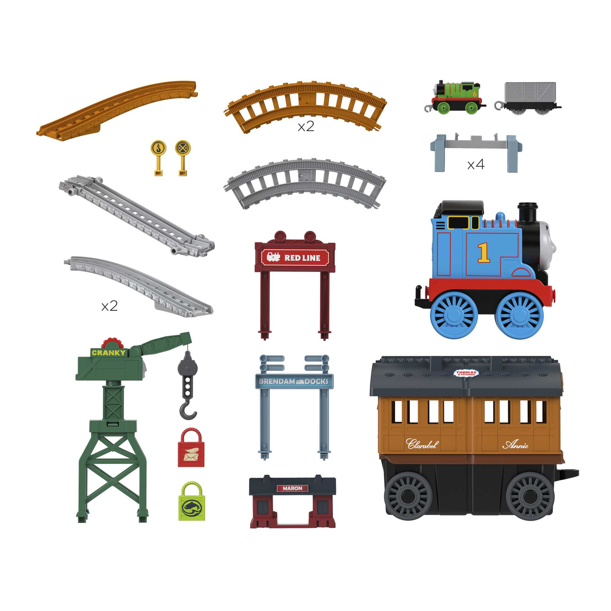 Ein Spielzeug-Eisenbahn-Set mit verschiedenen Teilen, einschließlich eines blauen Zuges, Gleisabschnitten und Zubehör.
