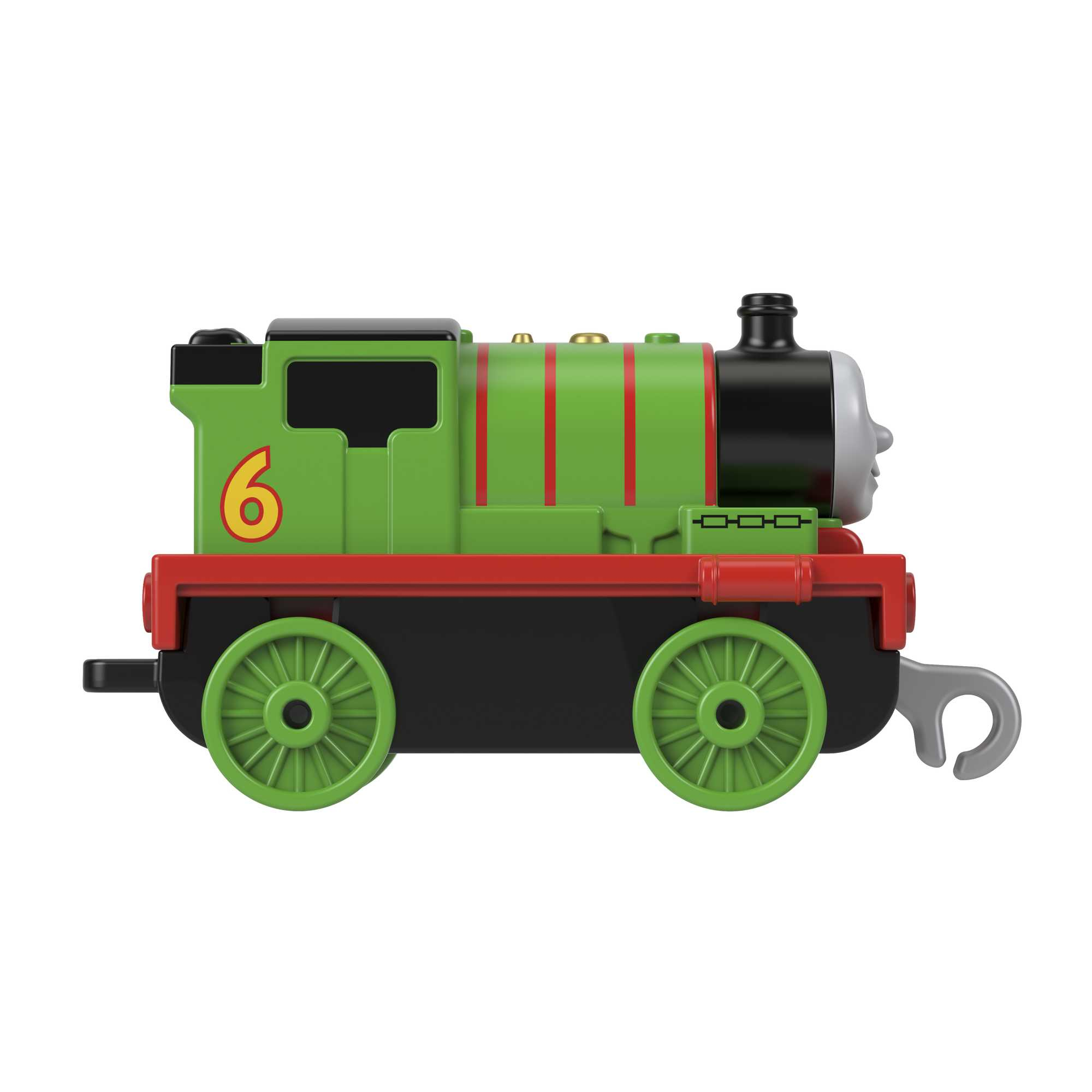 Ein grüner Thomas die Lokomotive Spielzeugzug mit roten und schwarzen Details.