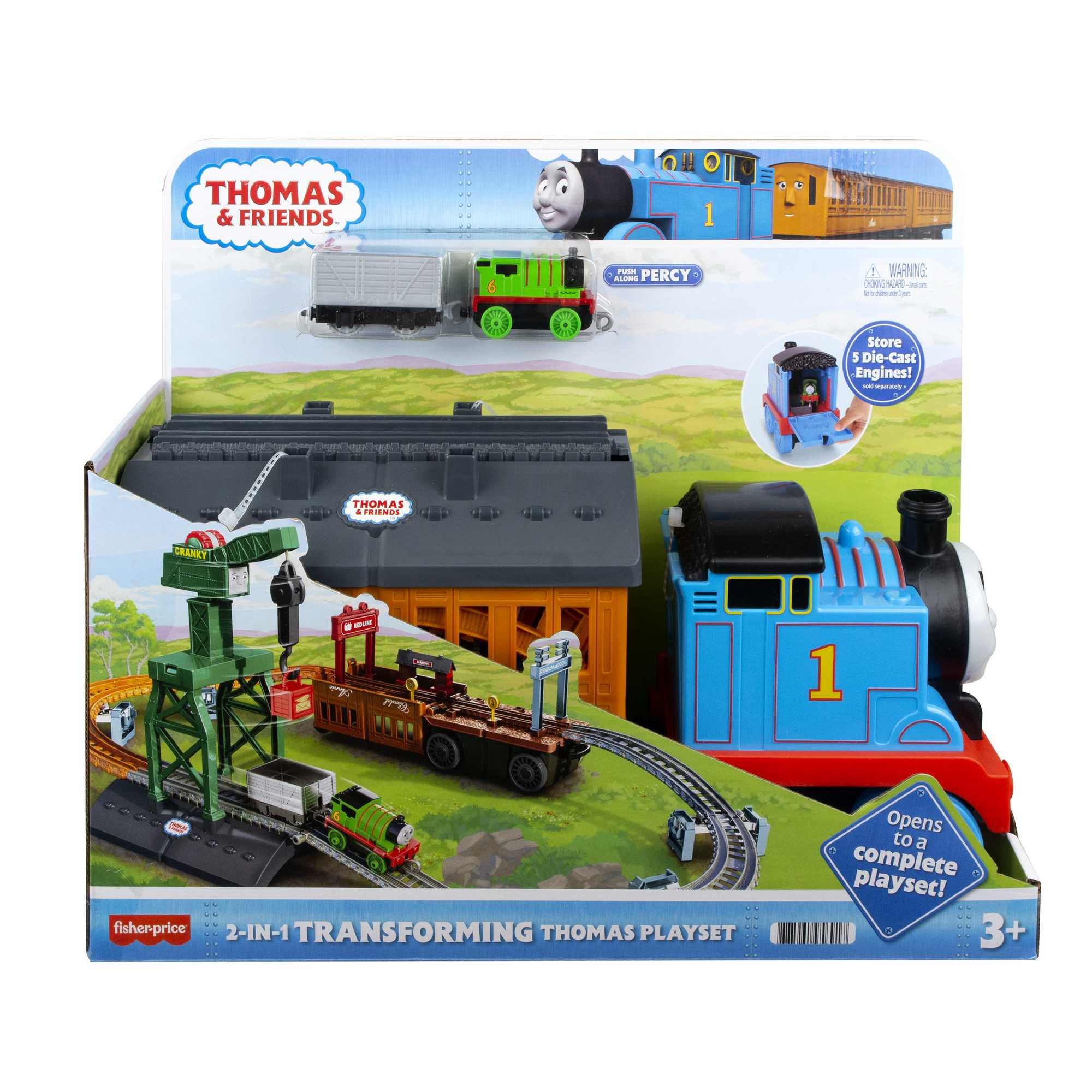 Ein Thomas & Friends-Zugset mit einem blauen Zug und einem grünen Percy-Zug.