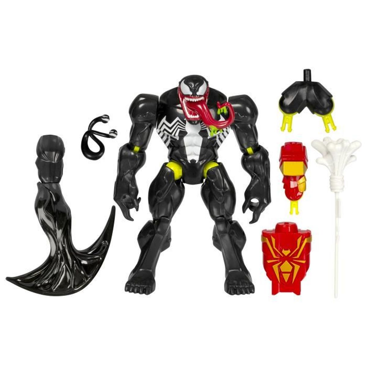 Una figura de acción de Venom negra con múltiples accesorios. Tiene un pecho blanco y una lengua roja.