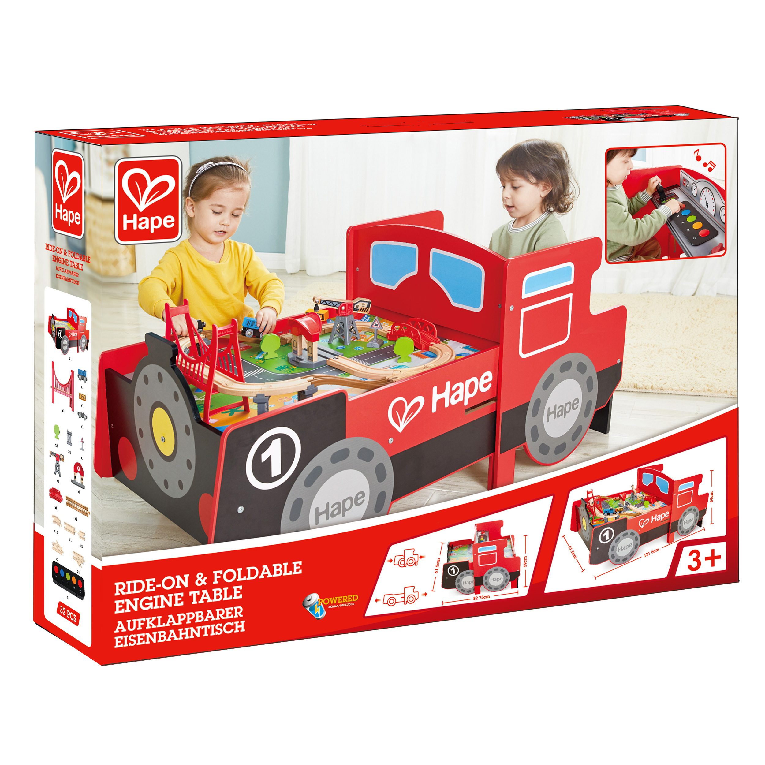 Pudełko Hape Ride-on & Foldable Engine Table. Dwoje dzieci bawi się kolejką w środku. Czerwony i czarny.