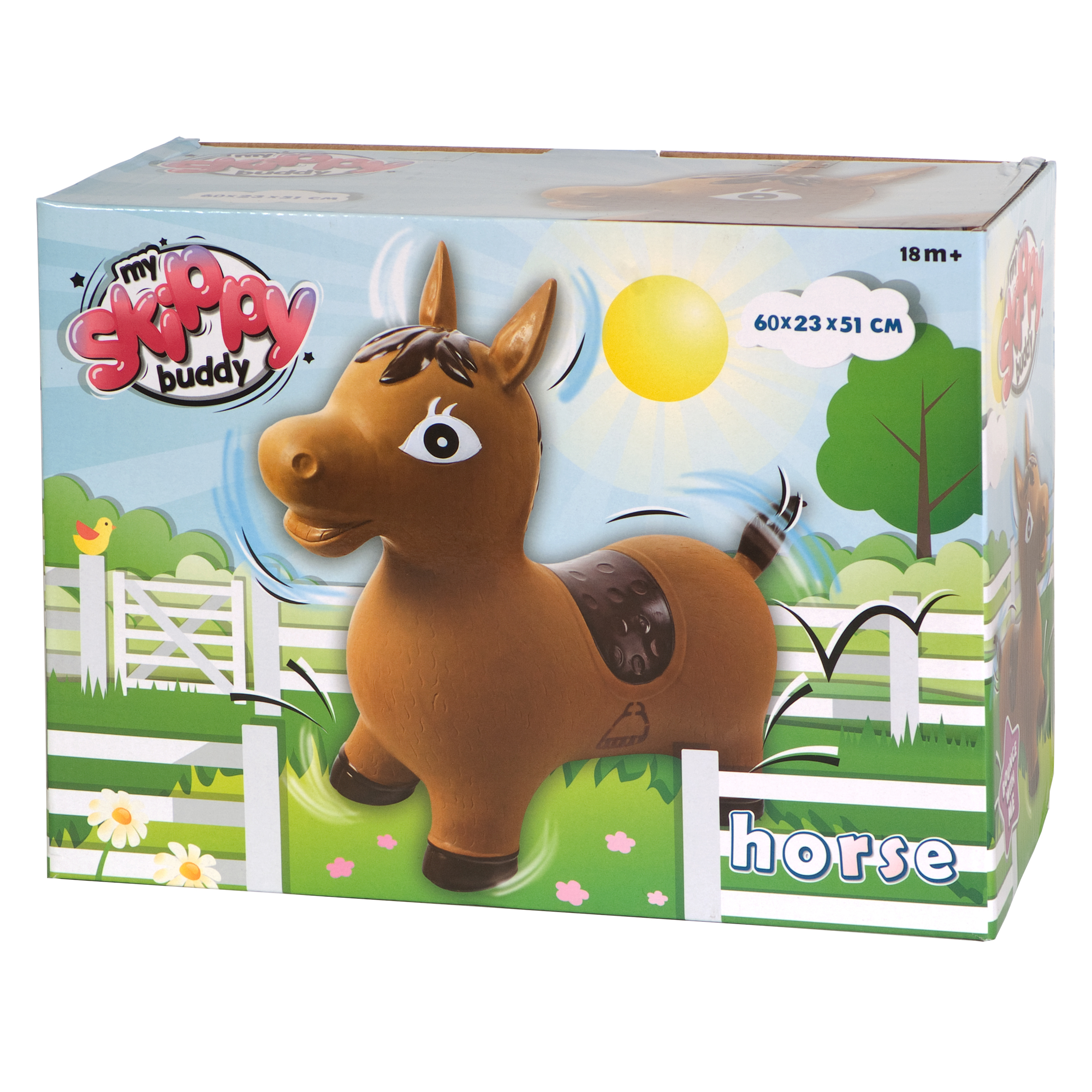 Scatola con un cavallo giocattolo marrone che salta. Un sole e una recinzione sono sullo sfondo.