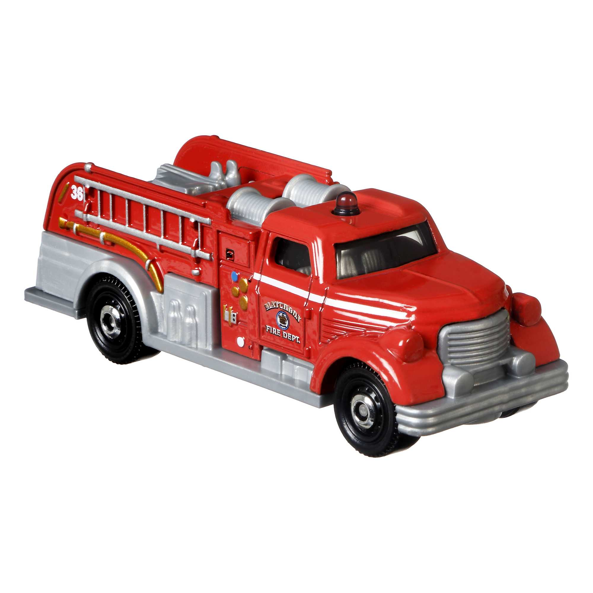 Roter Spielzeug-Feuerwehrwagen. Silberne Akzente. Schwarze Reifen. Isoliert auf weißem Hintergrund.