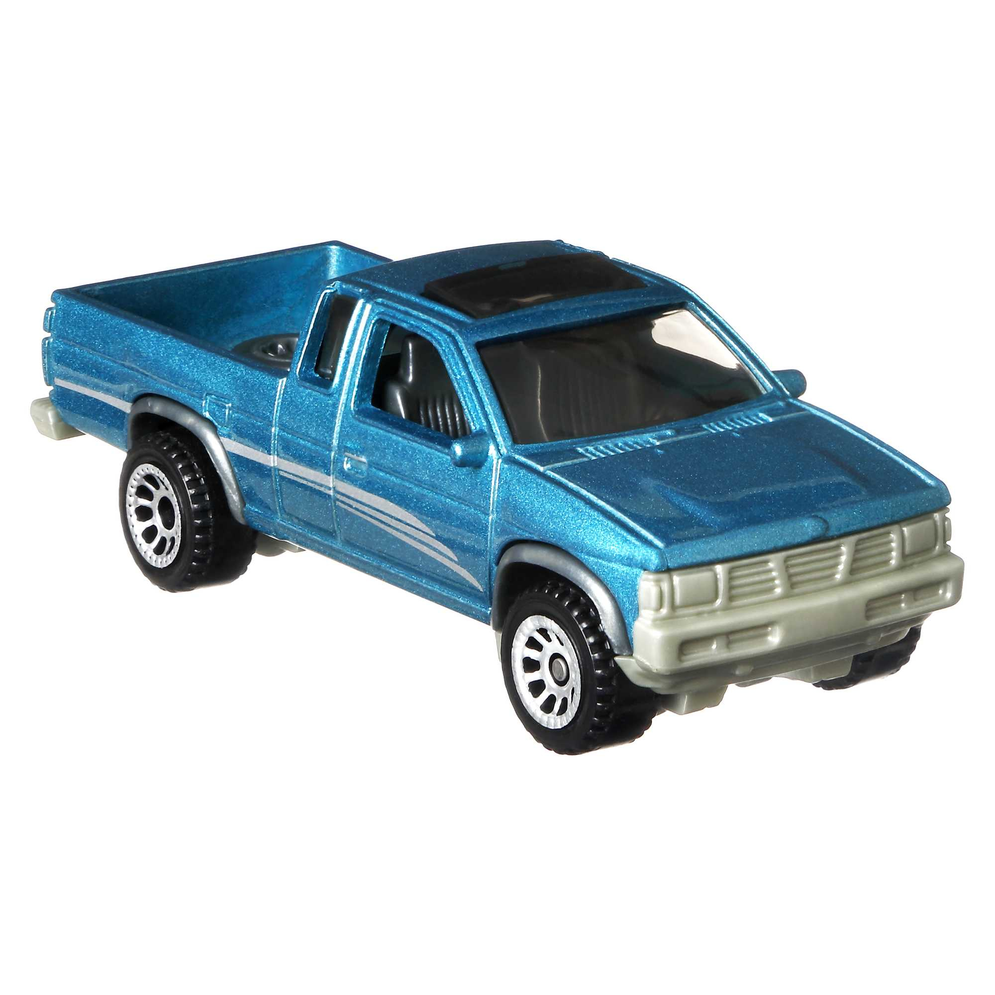 Blauer Spielzeug-Pick-up-Truck. Silberne Akzente. Isoliert auf weißem Hintergrund.
