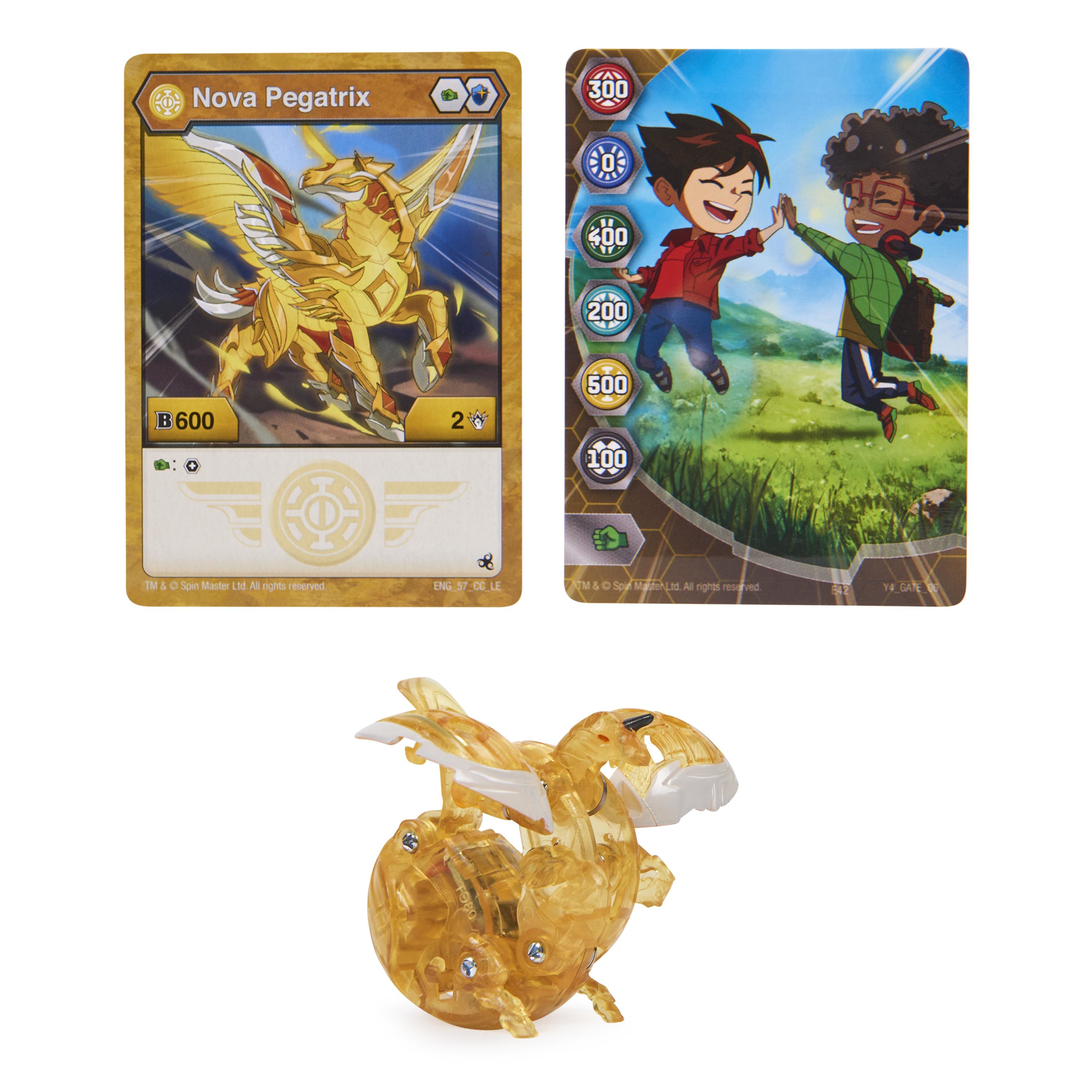 Cartas coleccionables y juguete Bakugan. Tarjeta dorada con Pegaso, dos niños chocando las manos, juguete.
