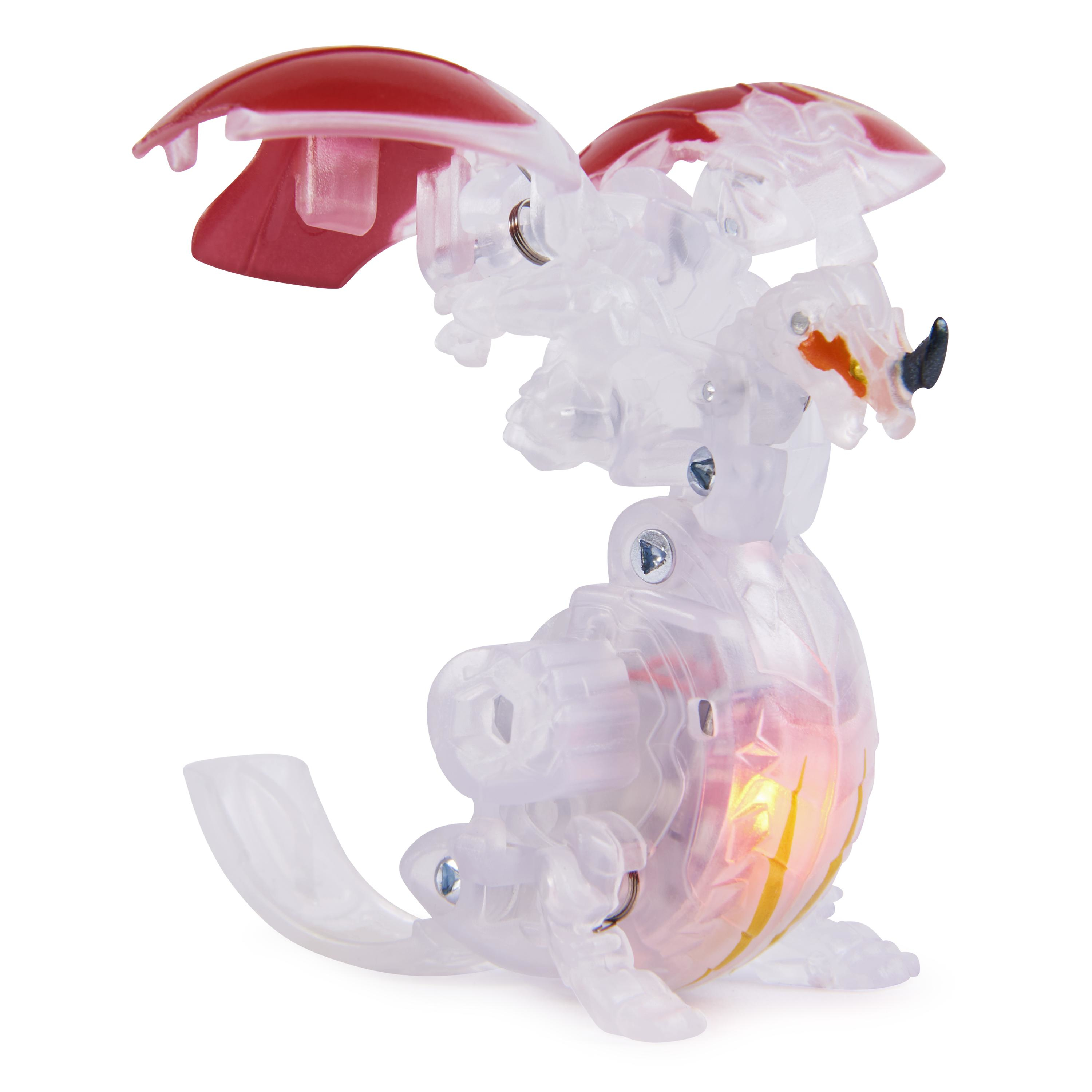 Juguete Bakugan transparente con detalles en rojo, abierto. Tiene una base redonda y alas. El fondo es blanco.