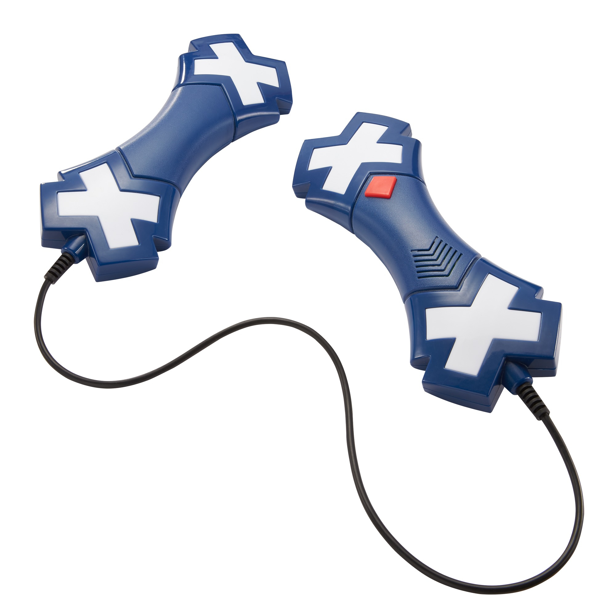 Due controller di gioco blu collegati da un cavo. I controller hanno X bianche.