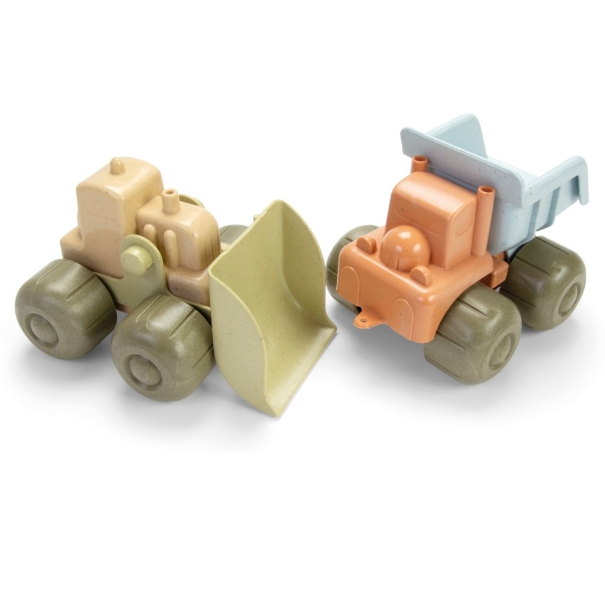 Dwa zabawki pojazdy budowlane. Jedno to spycharka, drugie to wywrotka. Oba są jasnobrązowe i zielone.