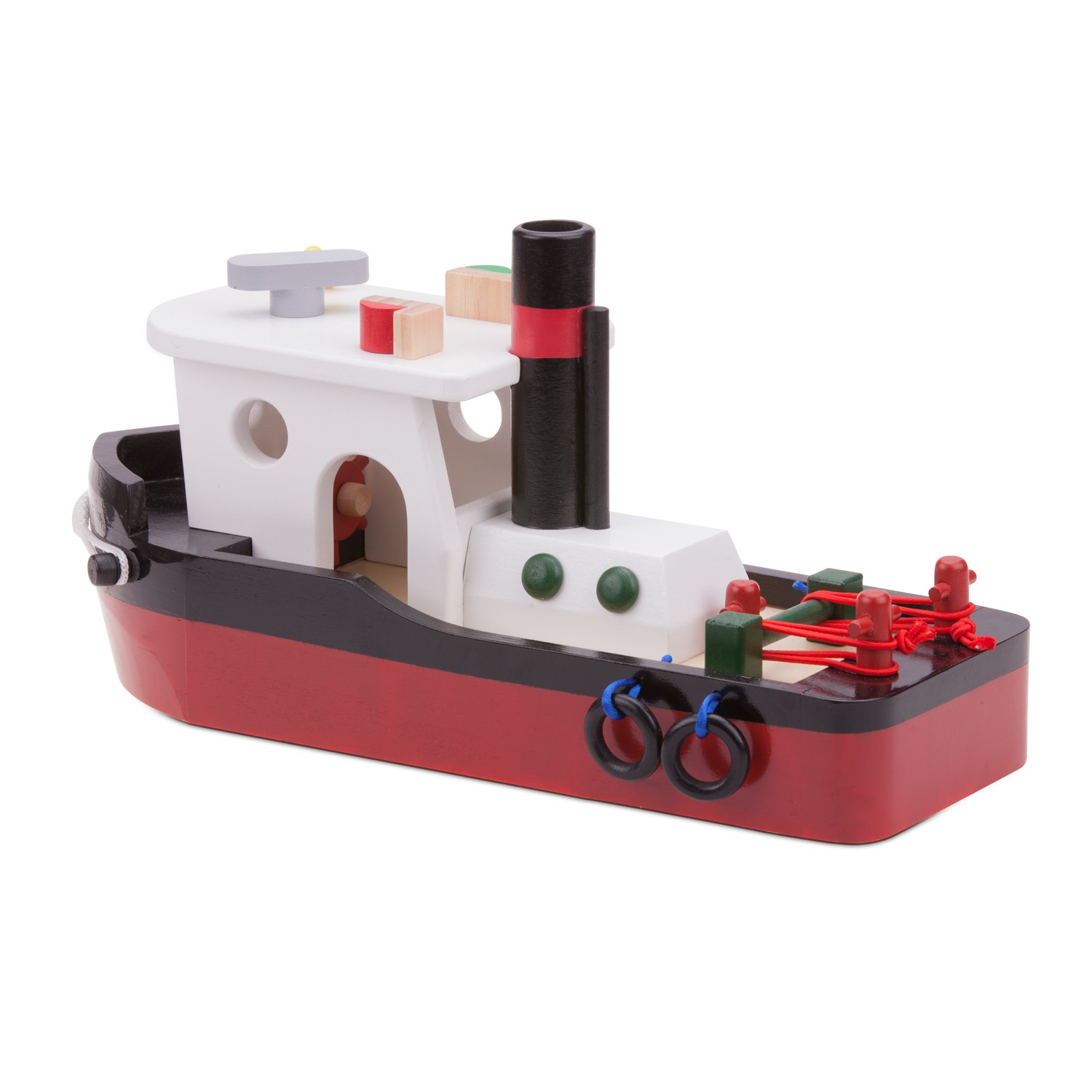 Ein hölzernes Spielzeugboot, rot und schwarz, mit einer weißen Kabine. Es hat einen schwarzen Schornstein und rote Akzente.