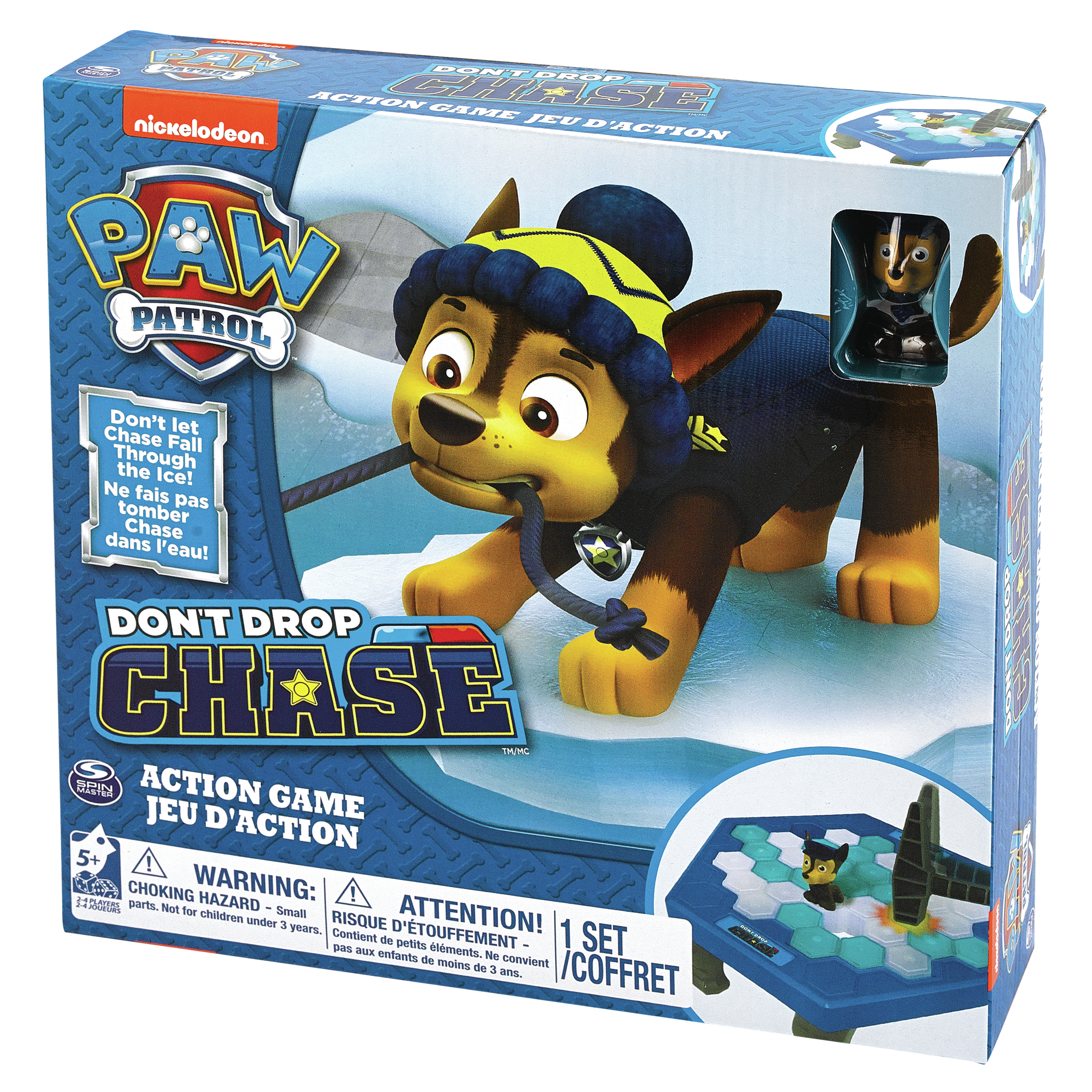 Scatola del gioco da tavolo Paw Patrol. Mostra Chase sul ghiaccio. La scatola è blu, bianca e rossa.