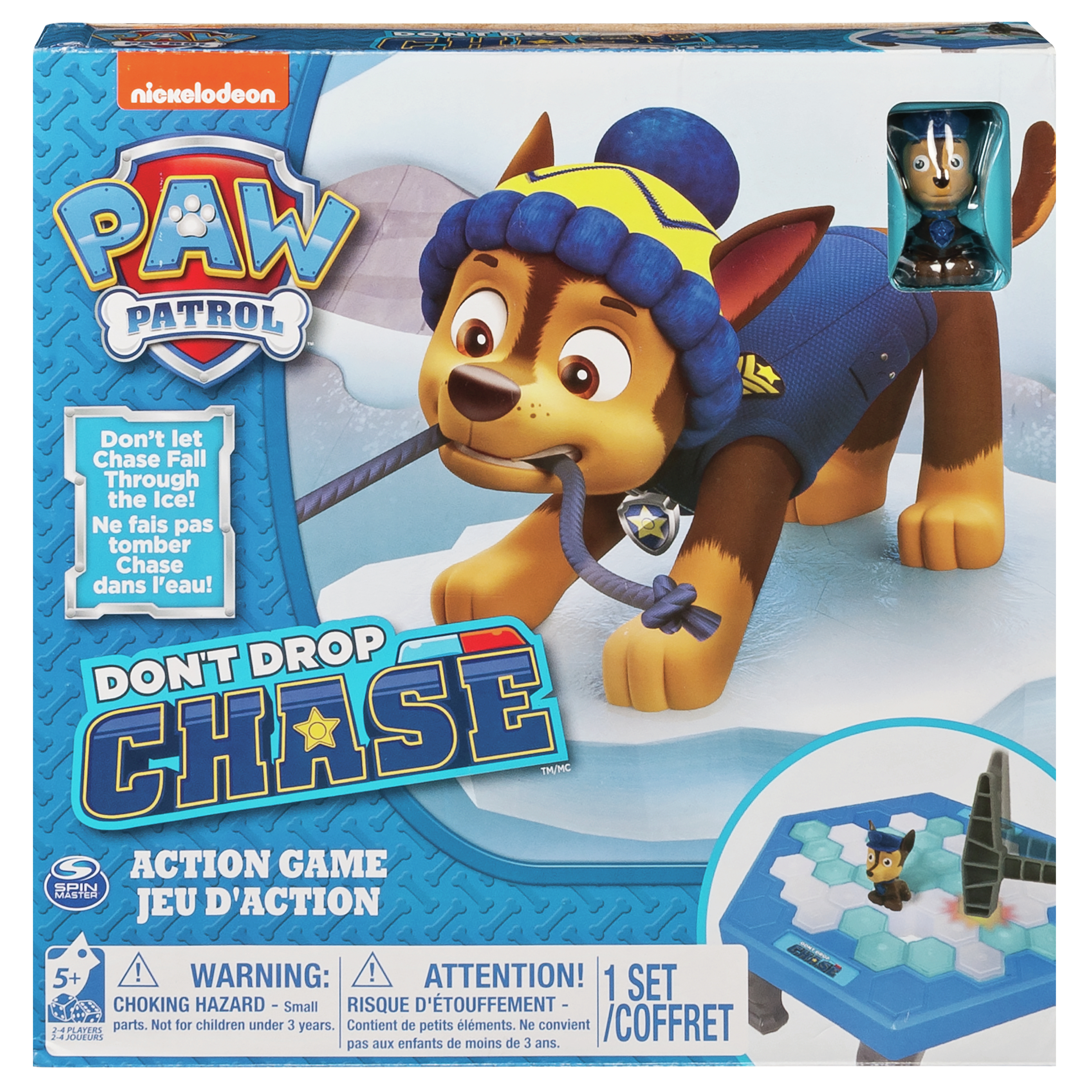 Una scatola del gioco Paw Patrol. Mostra il personaggio dei cartoni animati Chase, una scena innevata e il titolo del gioco.