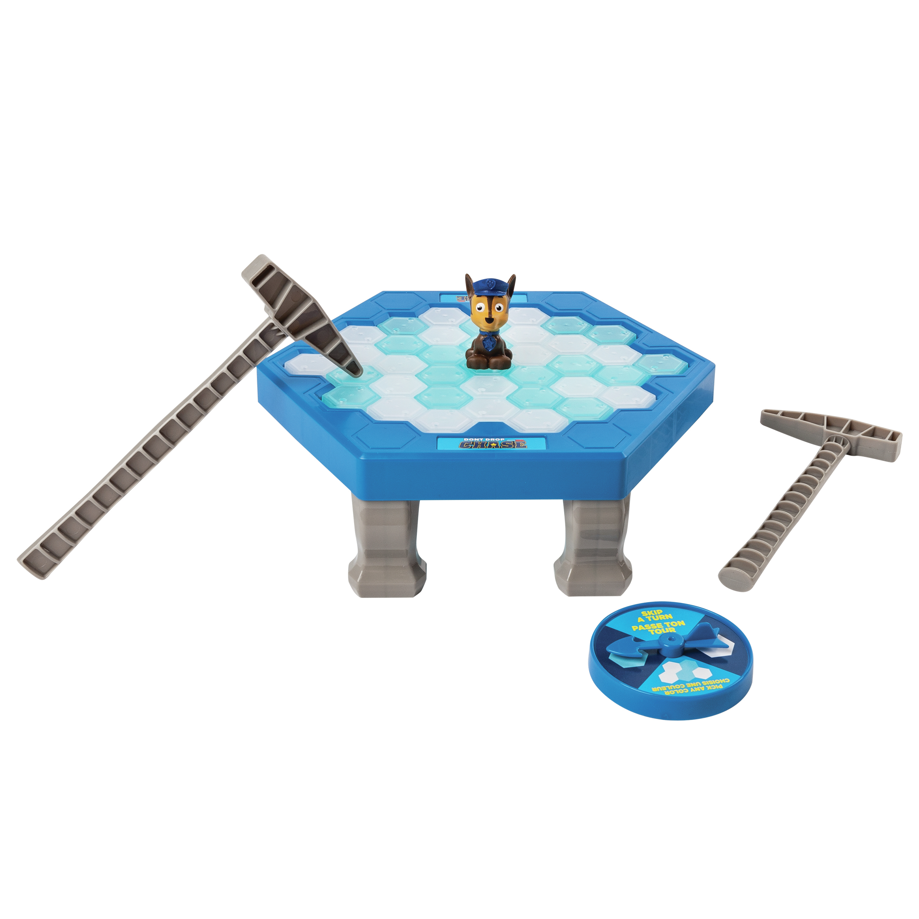 Gioco Paw Patrol con tabellone esagonale di ghiaccio, figura di Chase e attrezzi. Sfondo bianco.