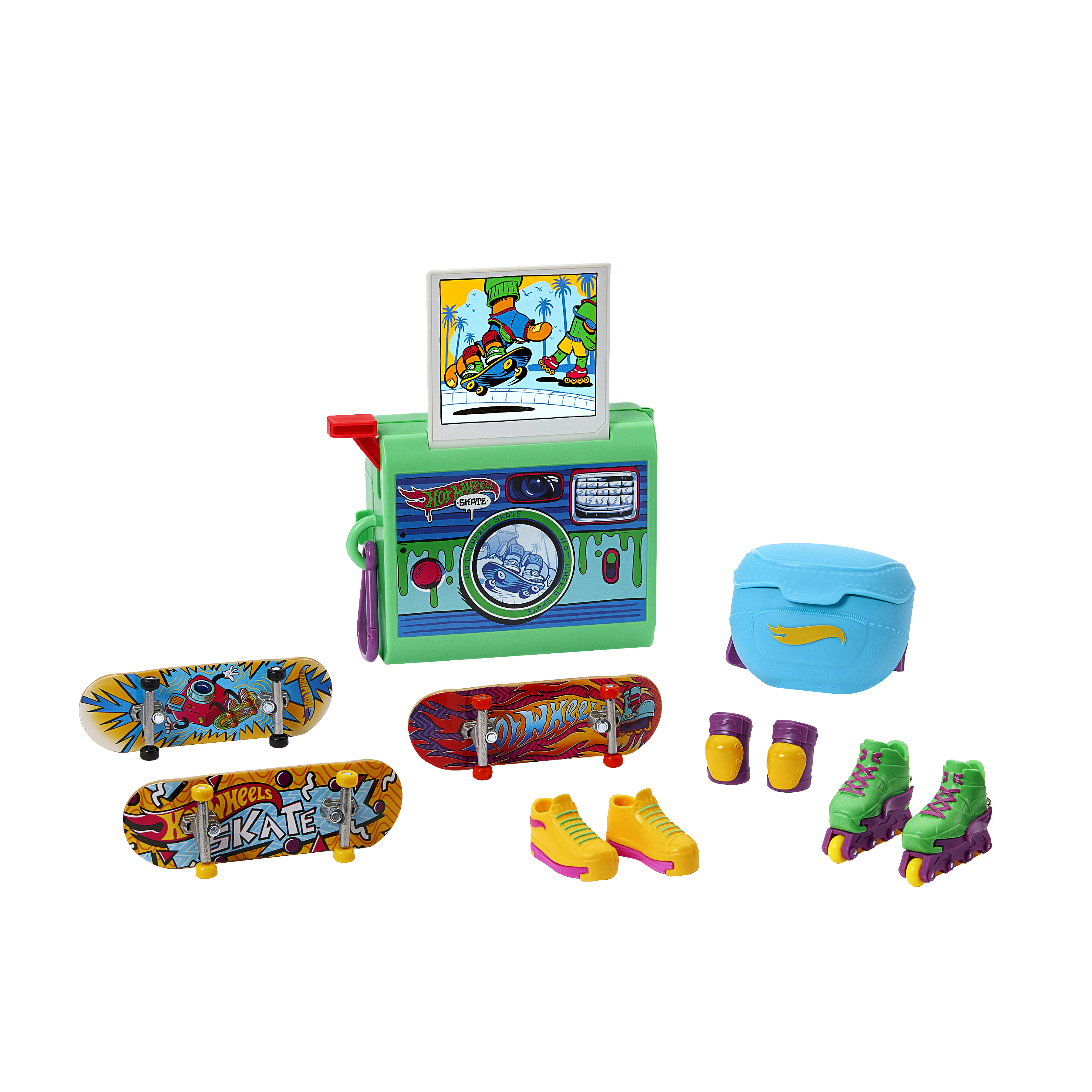 Zestaw zabawek Hot Wheels skate, w tym deskorolki, rolki i akcesoria, wszystko na białym tle.