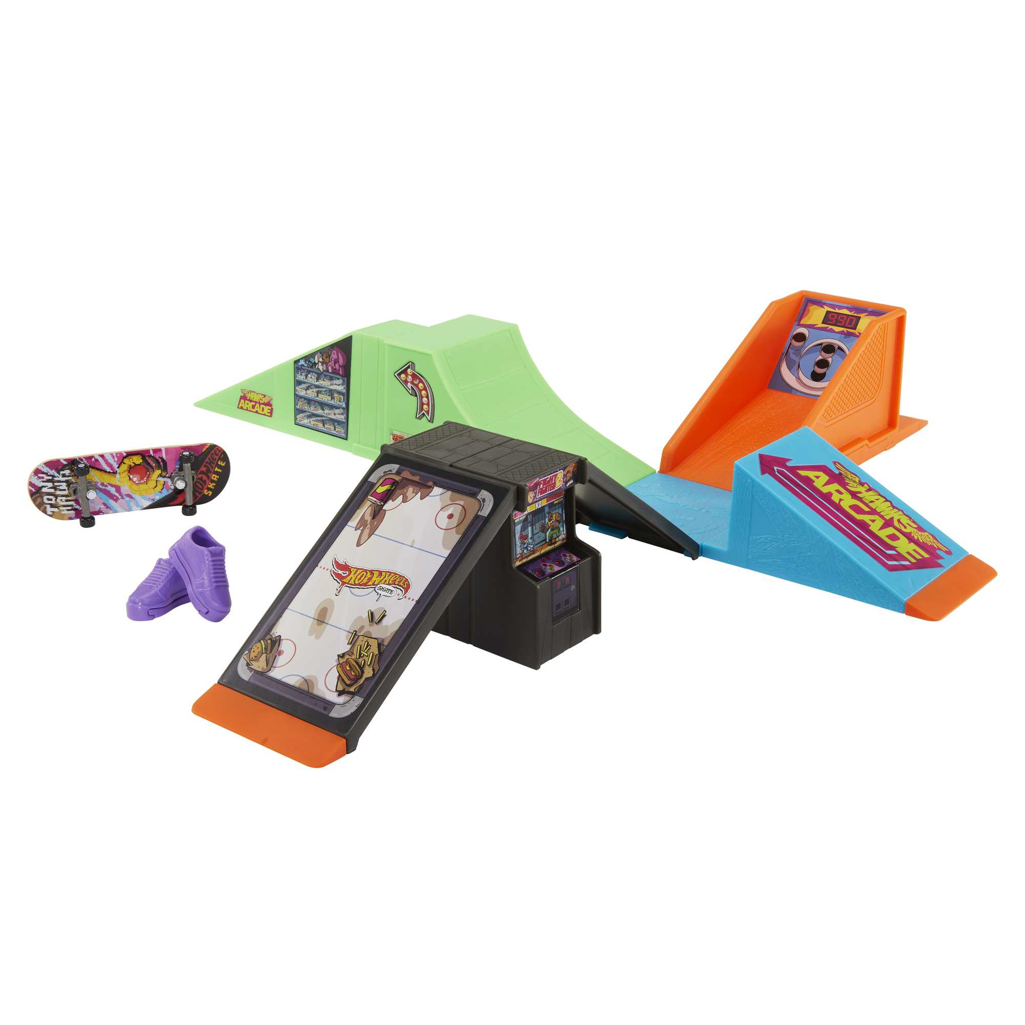 Zestaw skateparku Hot Wheels z wieloma rampami, deskorolką i butami.