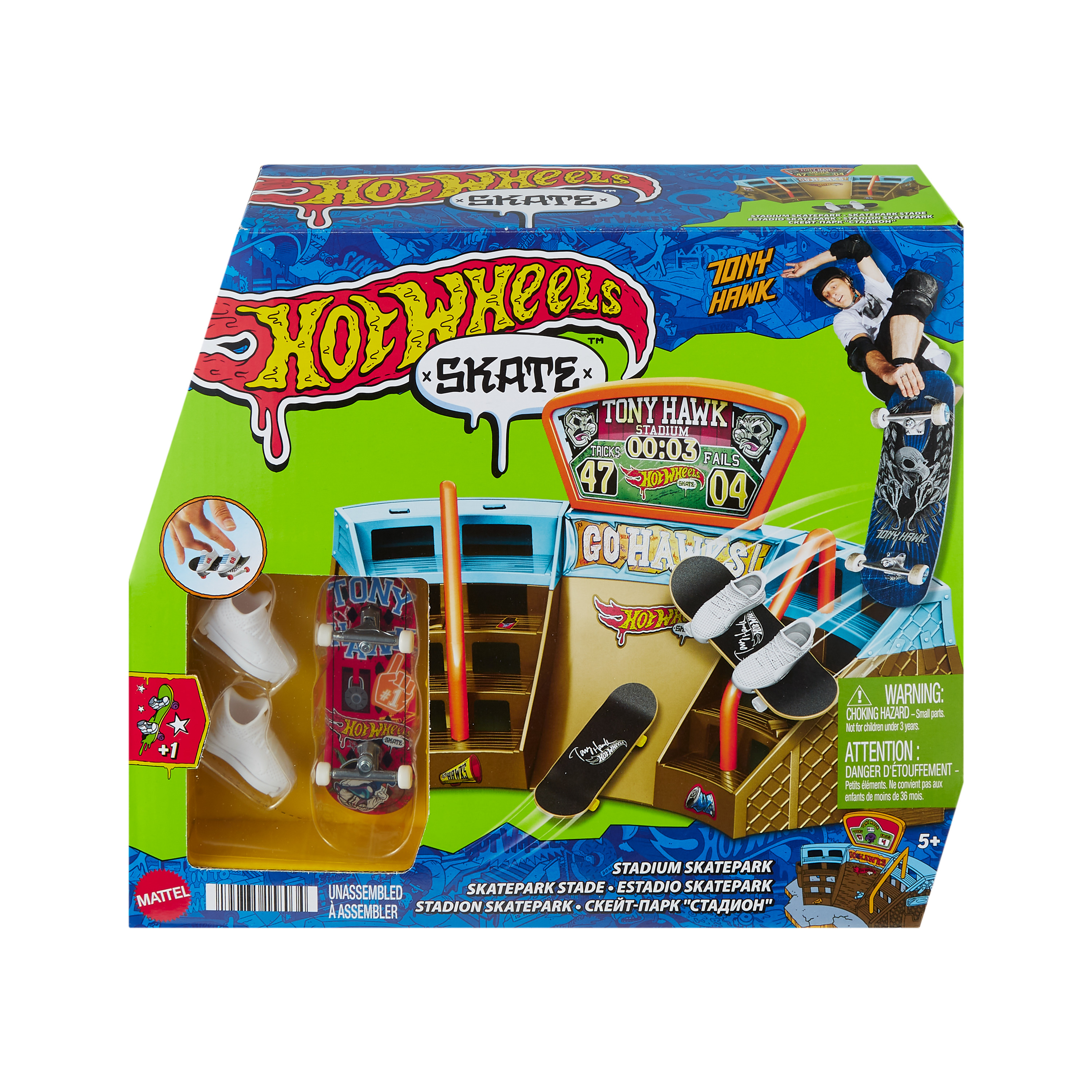 Pudełko zestawu Hot Wheels Skate. Zawiera deskorolkę i scenę skateparku. Pudełko z marką Tony Hawk.