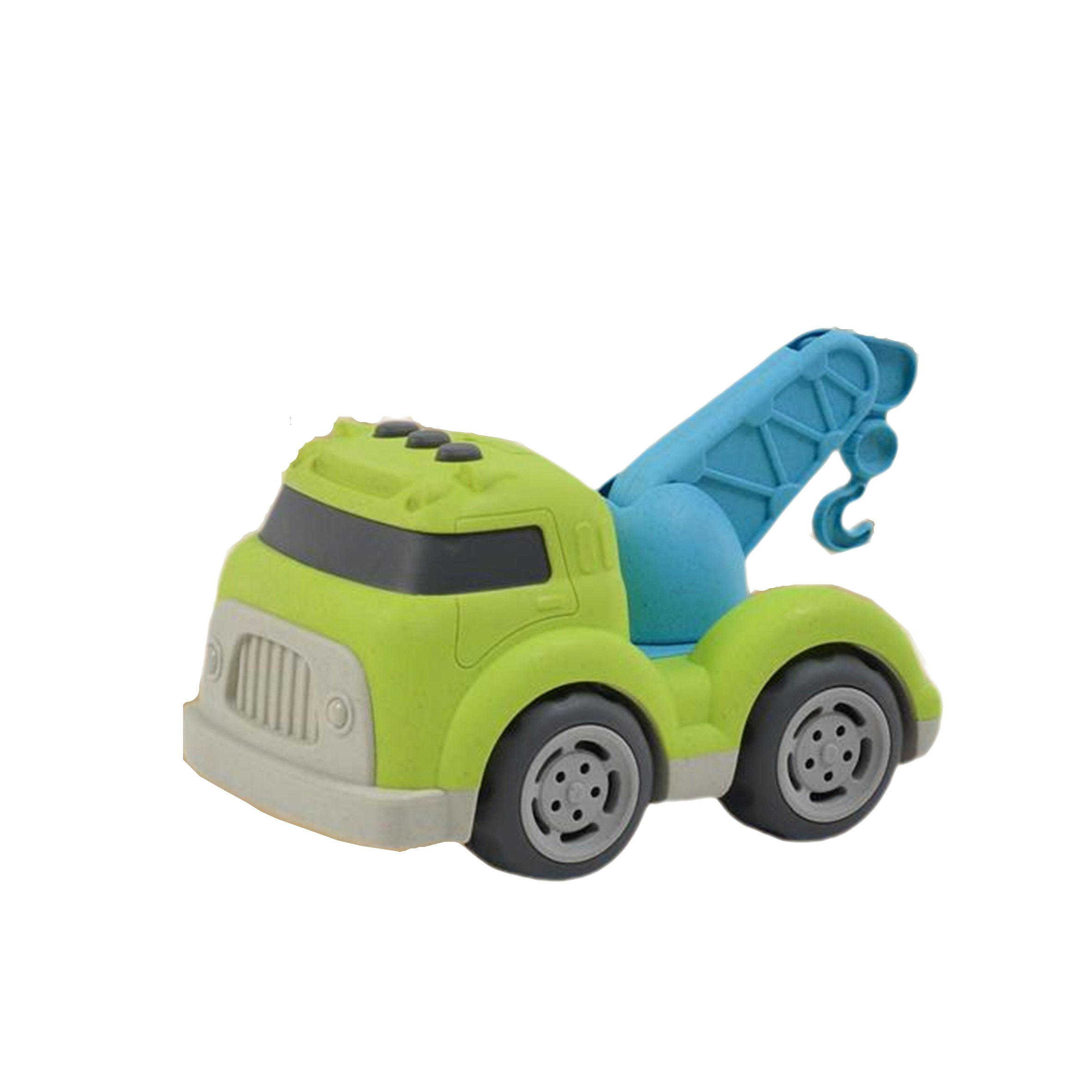 Grüner Spielzeug-LKW mit blauem Kran auf weißem Hintergrund. Der LKW hat eine graue Front.