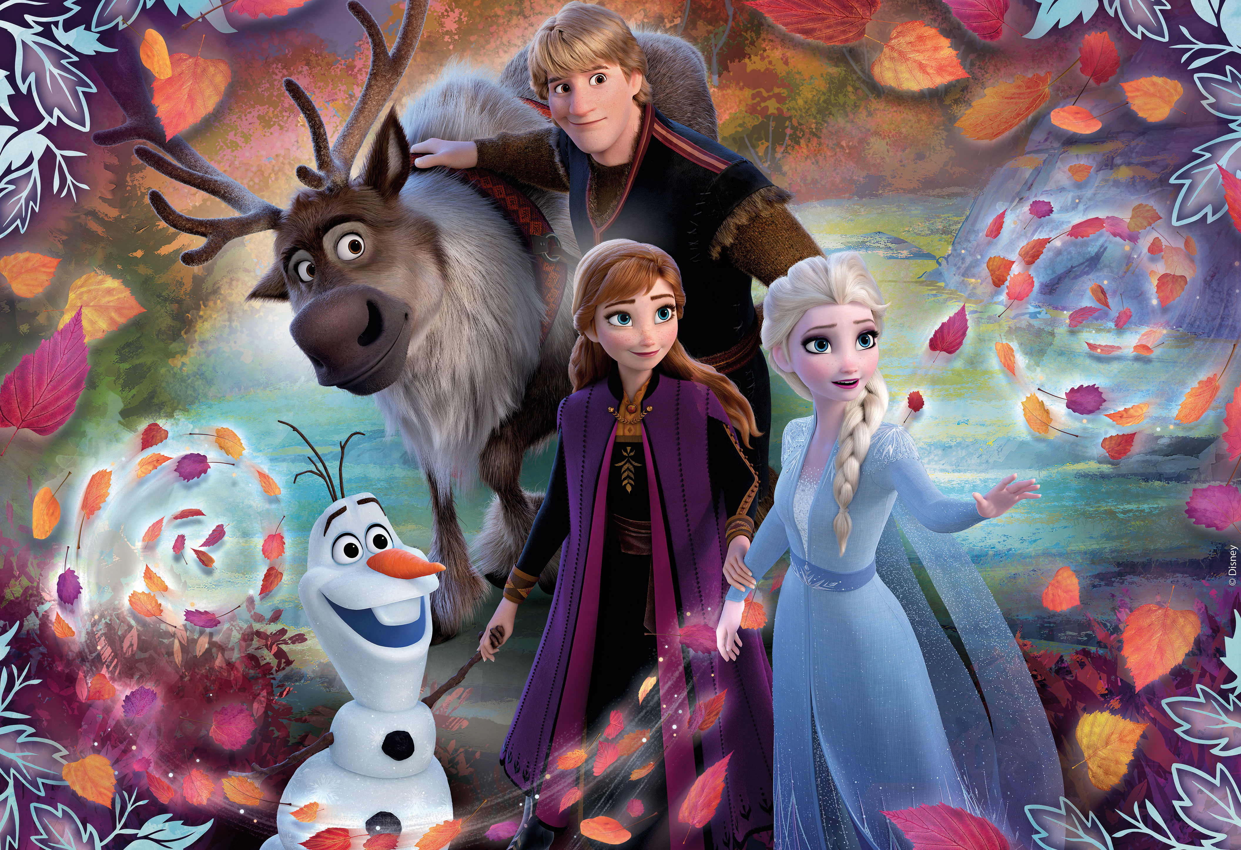 Frozen II puzzel scène met personages uit de film, in een kleurrijke omgeving.