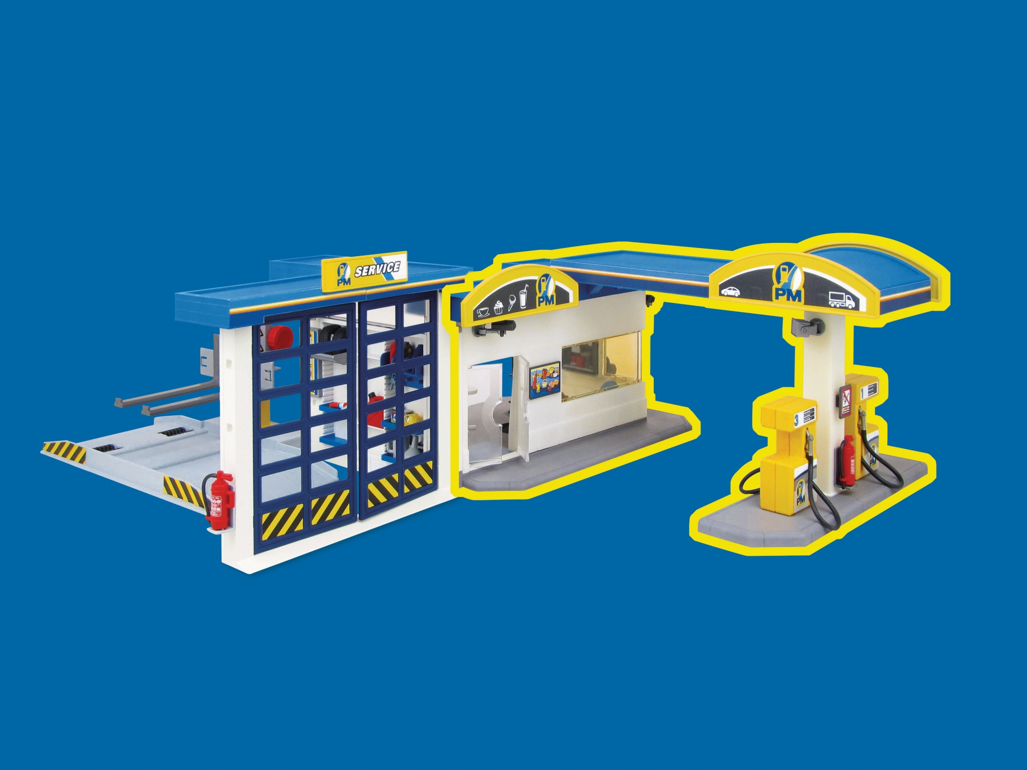Zestaw zabawek stacji benzynowej i warsztatu samochodowego na niebieskim tle. Ma żółtą pompę paliwa i stację obsługi.