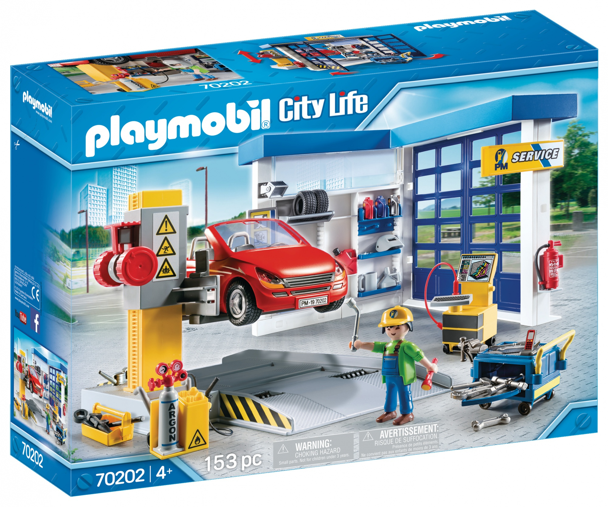 Zestaw Playmobil do naprawy samochodów, z czerwonym samochodem na podnośniku i mechanikiem.