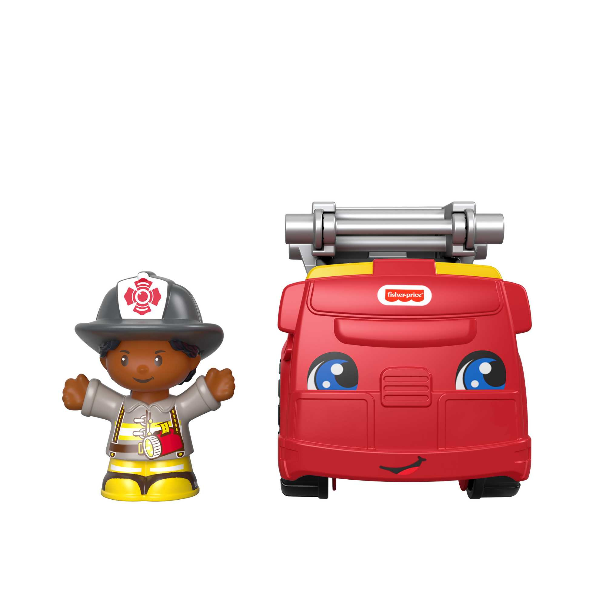 Roter Spielzeug-Feuerwehrwagen und eine Feuerwehrmannfigur, die daneben steht.