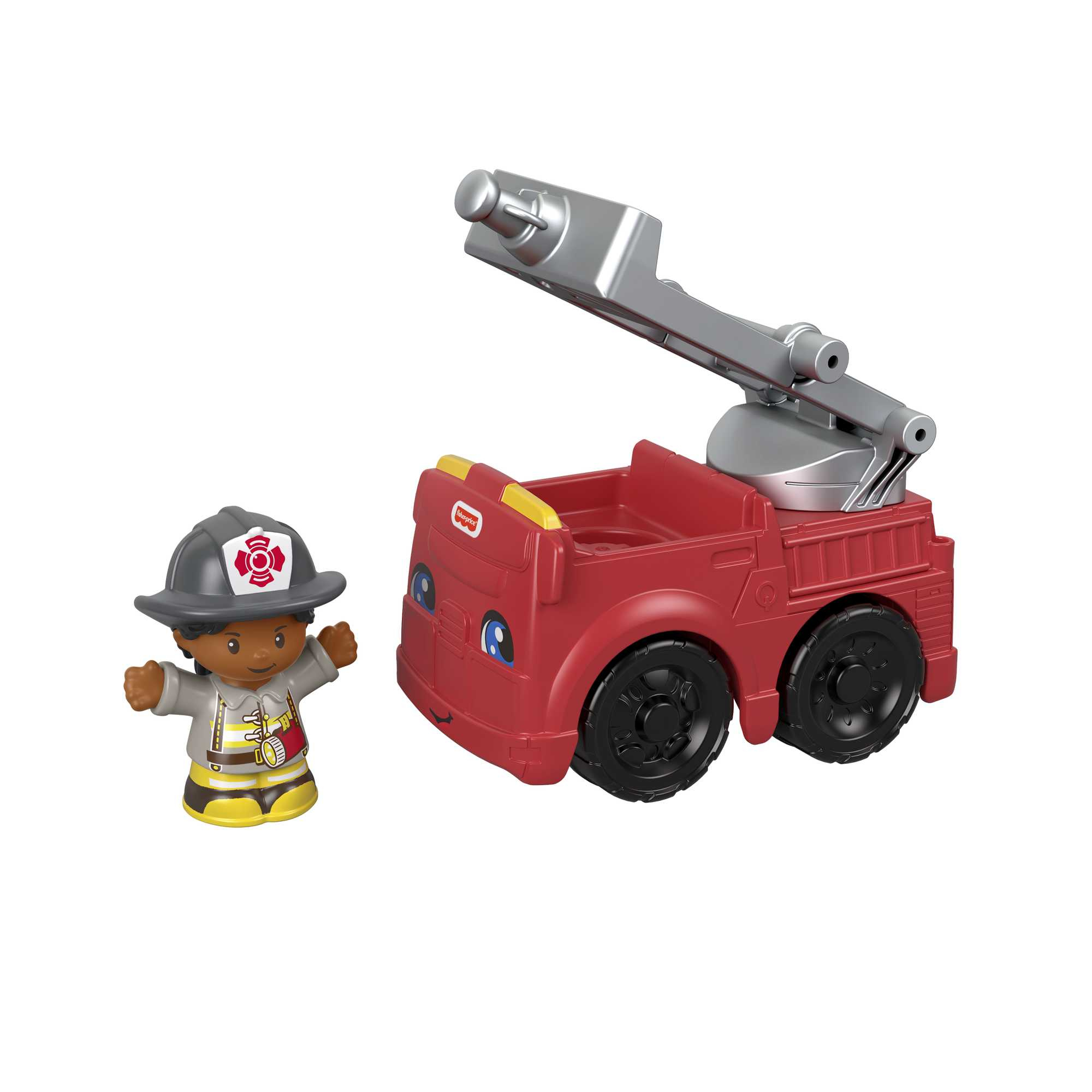 Roter Spielzeug-Feuerwehrwagen mit einer Feuerwehrmannfigur und einer Leiter.
