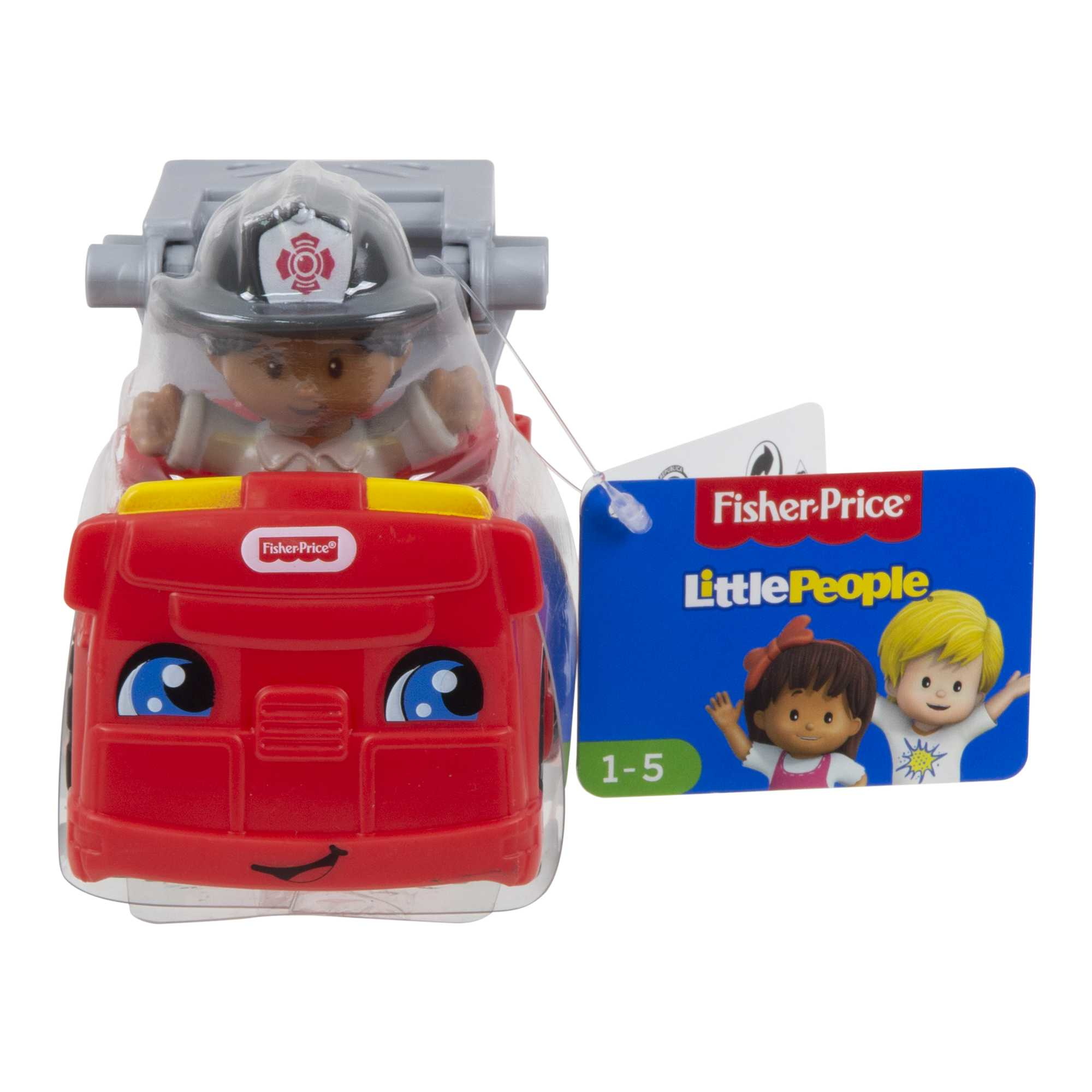 Little People Feuerwehrauto-Spielzeug in Verpackung mit einer Little People-Figur.