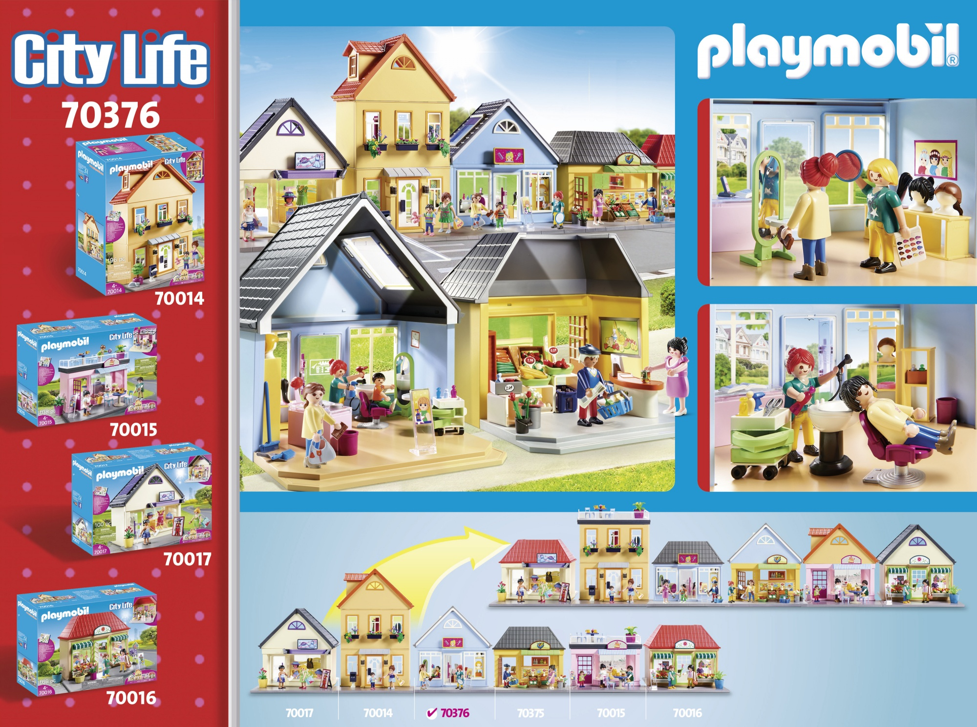 Conjuntos de cajas Playmobil City Life. Se muestran casas y figuras, junto con el logotipo de Playmobil.