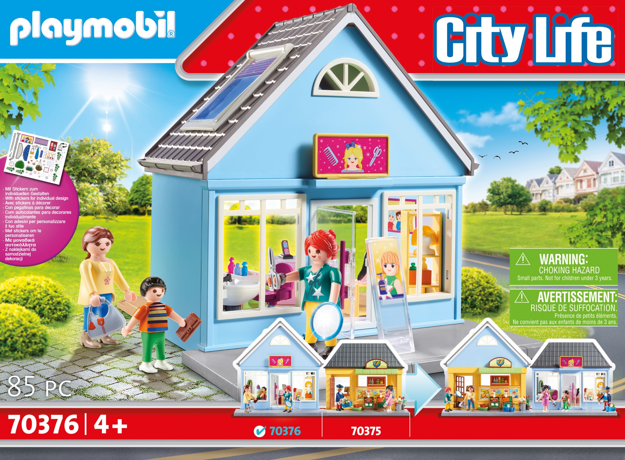 Set Playmobil City Life, una casa azul con figuras y accesorios. La escena está bien iluminada.